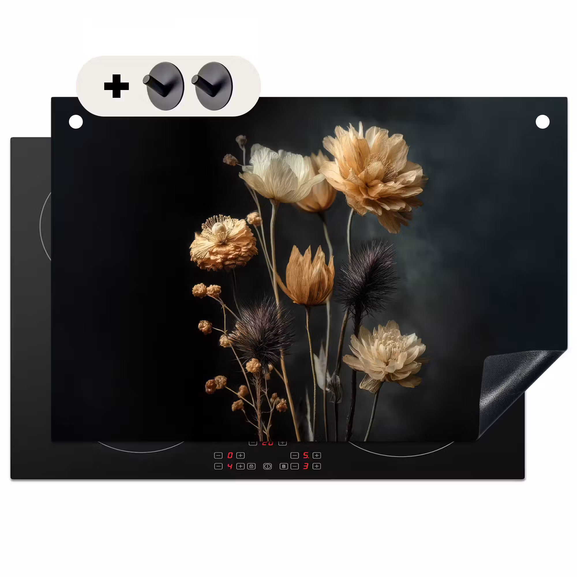 2-in-1 Herdabdeckplatte & Spritzschutz - Blumenstrauß - Blumen - Licht - Schwarz