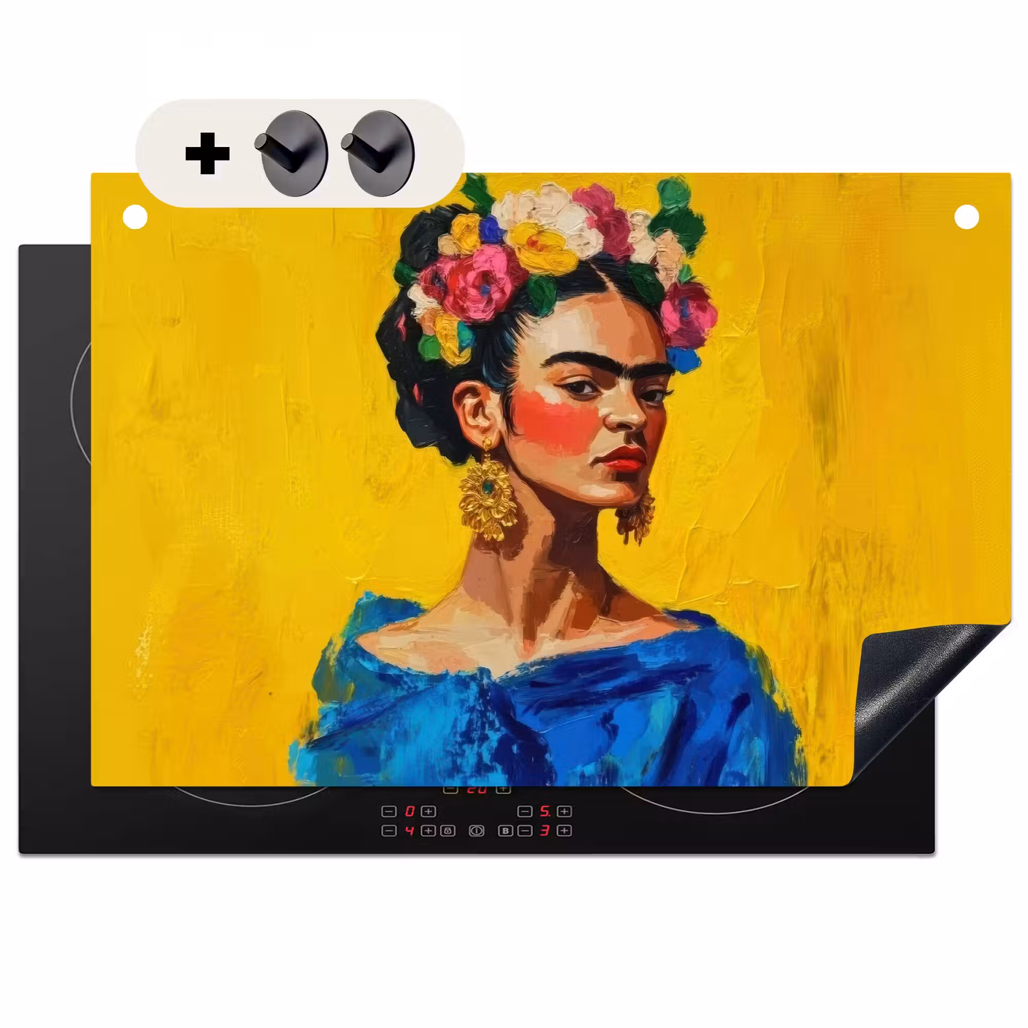 2-in-1 Herdabdeckplatte & Spritzschutz - Frida Kahlo - Frau - Gelb - Blau - Blumen