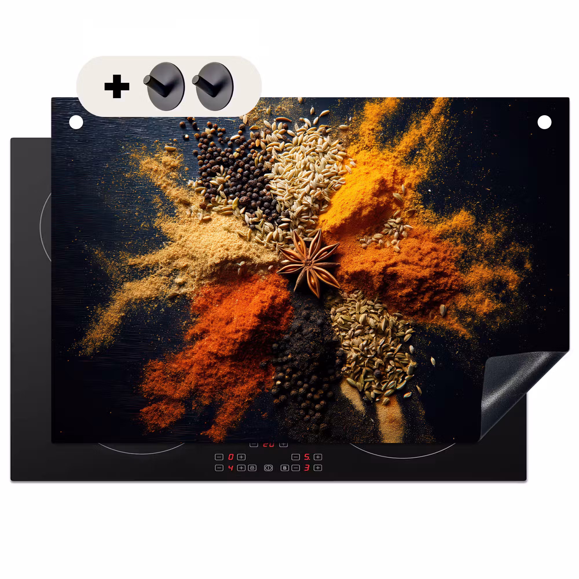 2-in-1 Herdabdeckplatte & Spritzschutz - Gewürze - Explosion - Orange