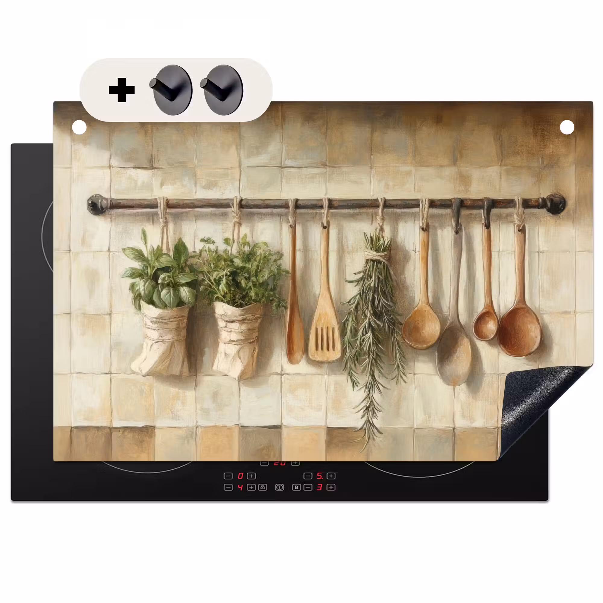 2-in-1 Herdabdeckplatte & Spritzschutz - Holz - Küchengeräte - Stilleben - Kacheln