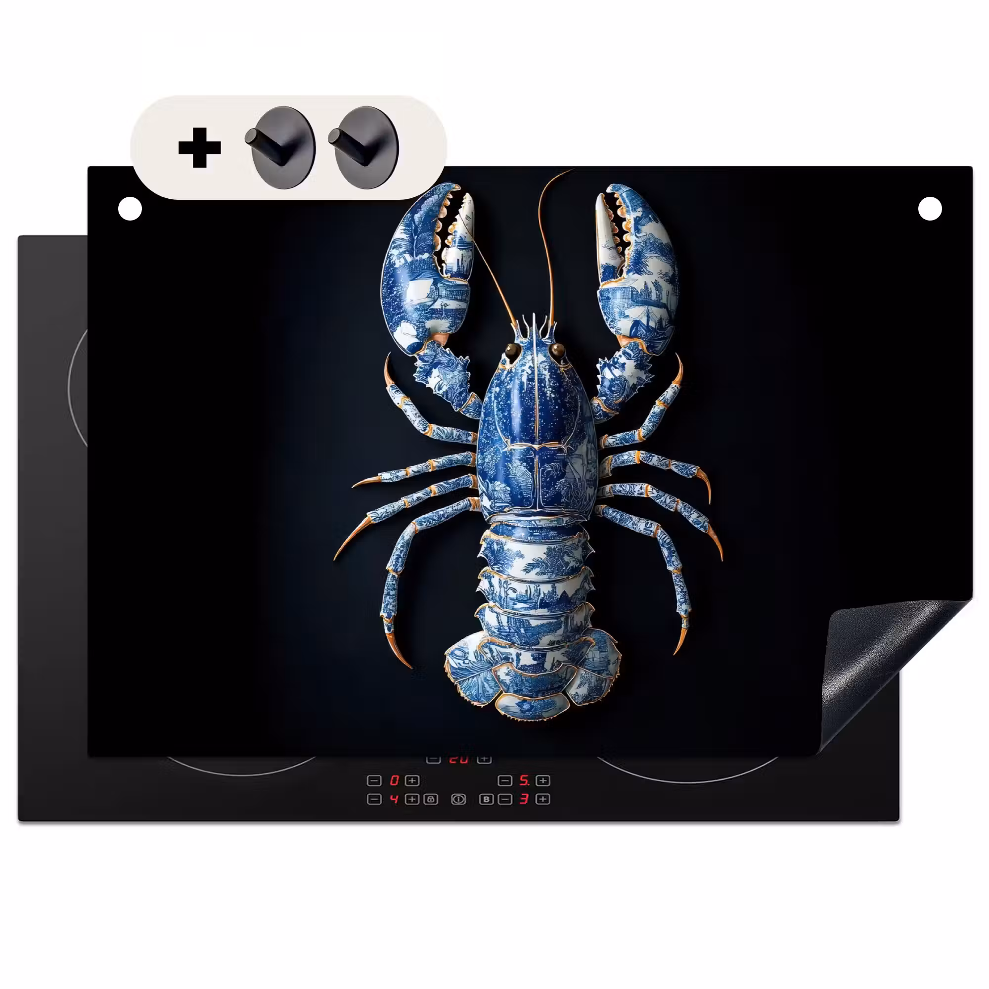 2-in-1 Herdabdeckplatte & Spritzschutz - Hummer - Delfter Blau - Schild - Zäh