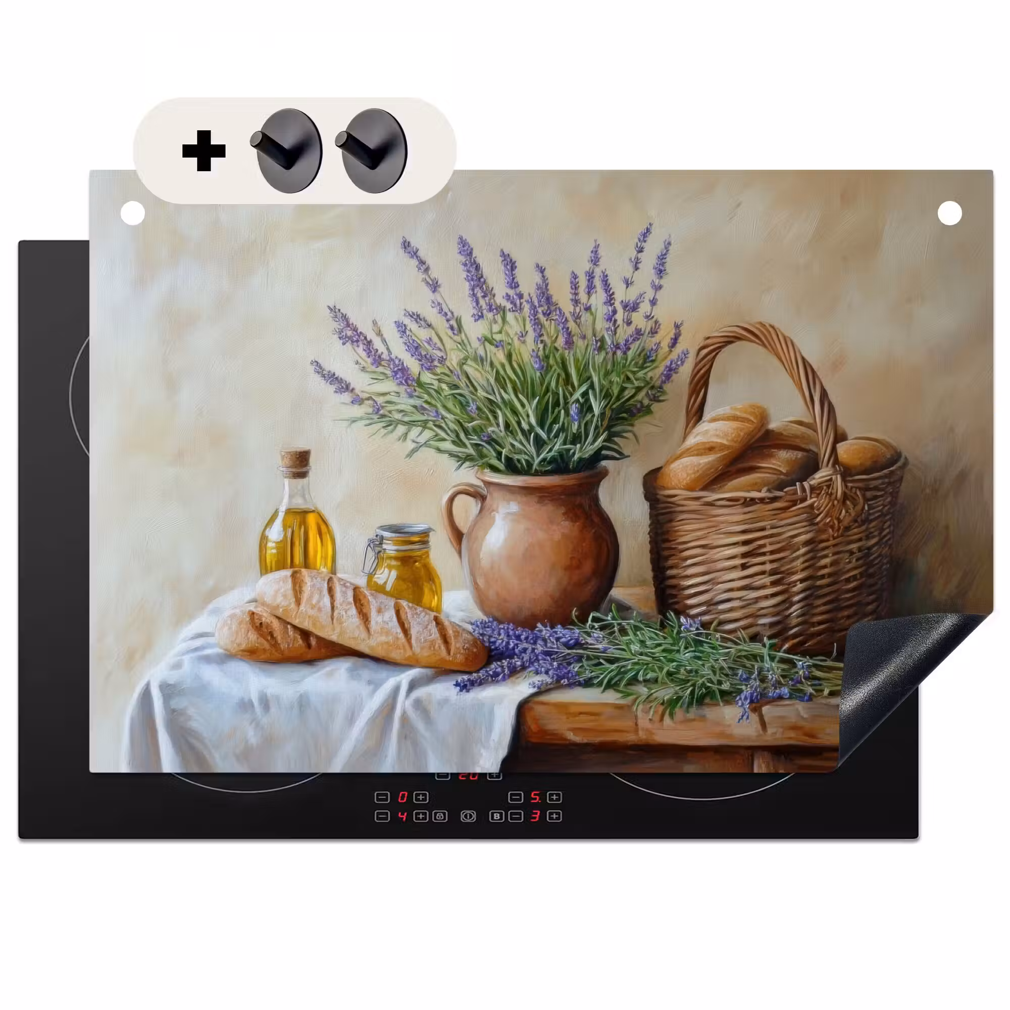 2-in-1 Herdabdeckplatte & Spritzschutz - Lavendel - Brot - Stilleben