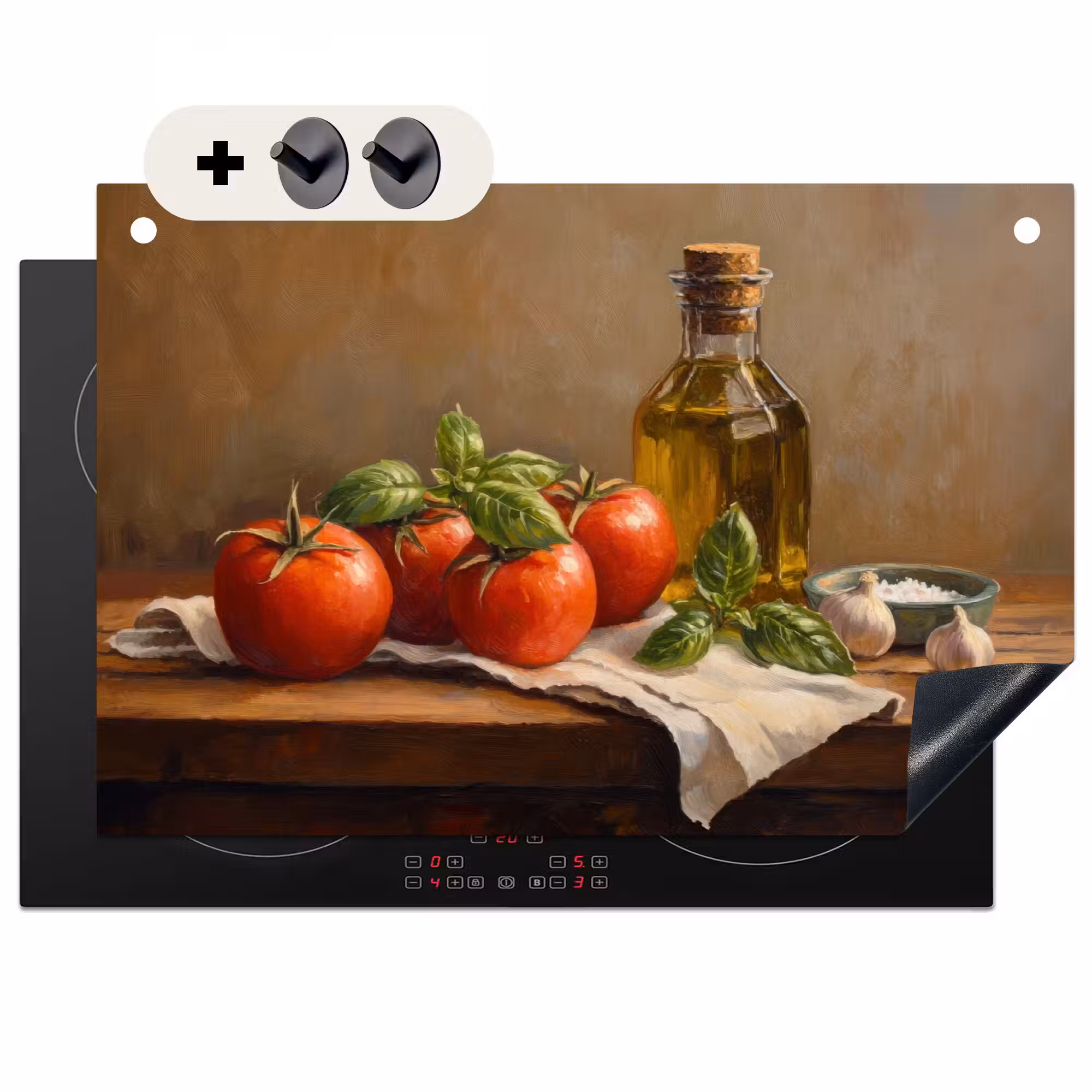 2-in-1 Herdabdeckplatte & Spritzschutz - Tomaten - Olivenöl - Stilleben