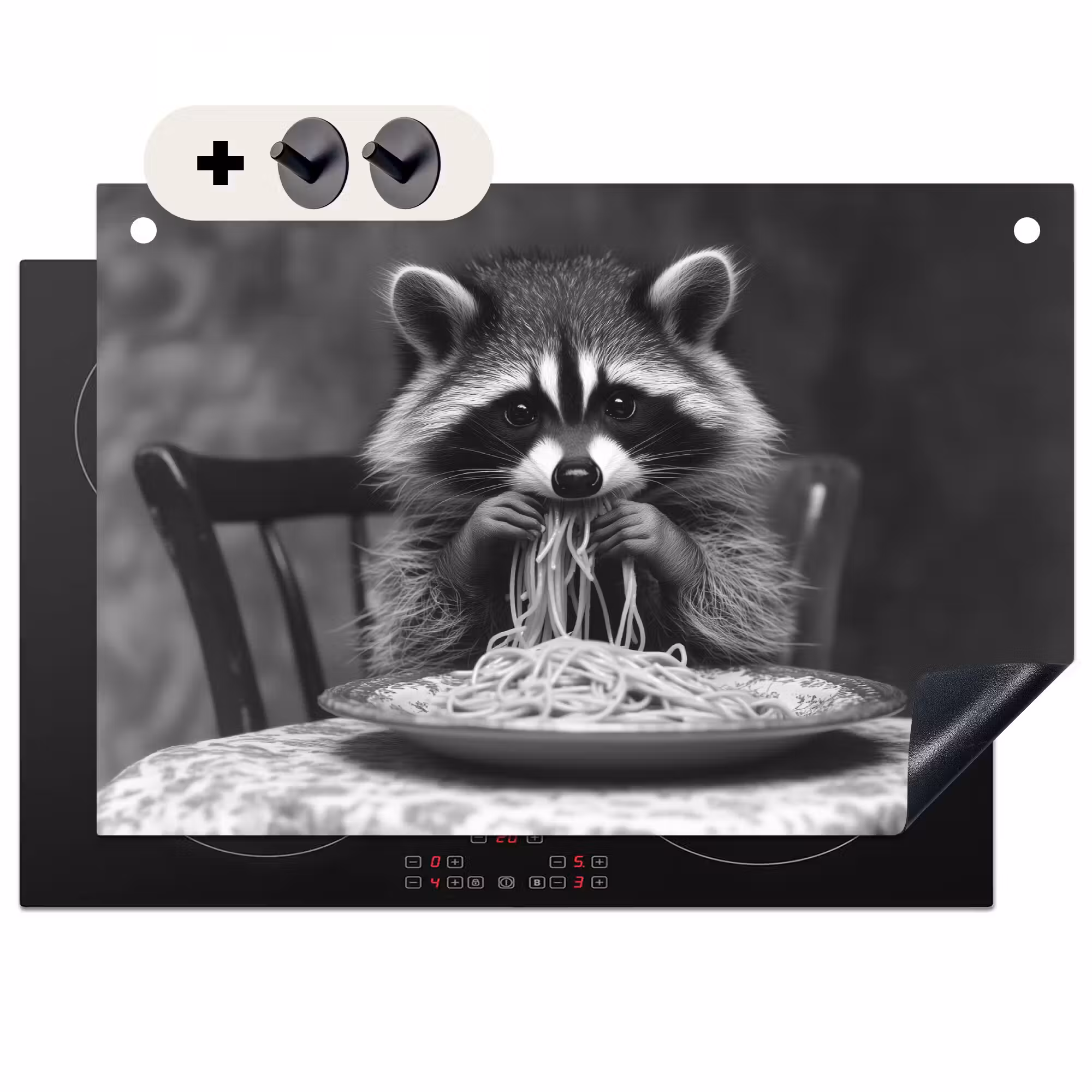 2-in-1 Herdabdeckplatte & Spritzschutz - Waschbär - Niedlich - Pasta - Tischtuch - Schwarz - Weiß