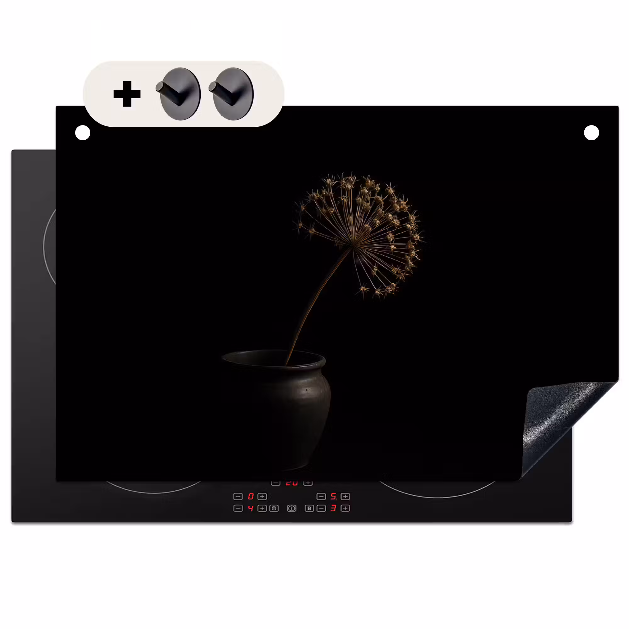2-in-1 Herdabdeckplatte & Spritzschutz - Zwiebel - Getrocknet - Vase - Schwarz