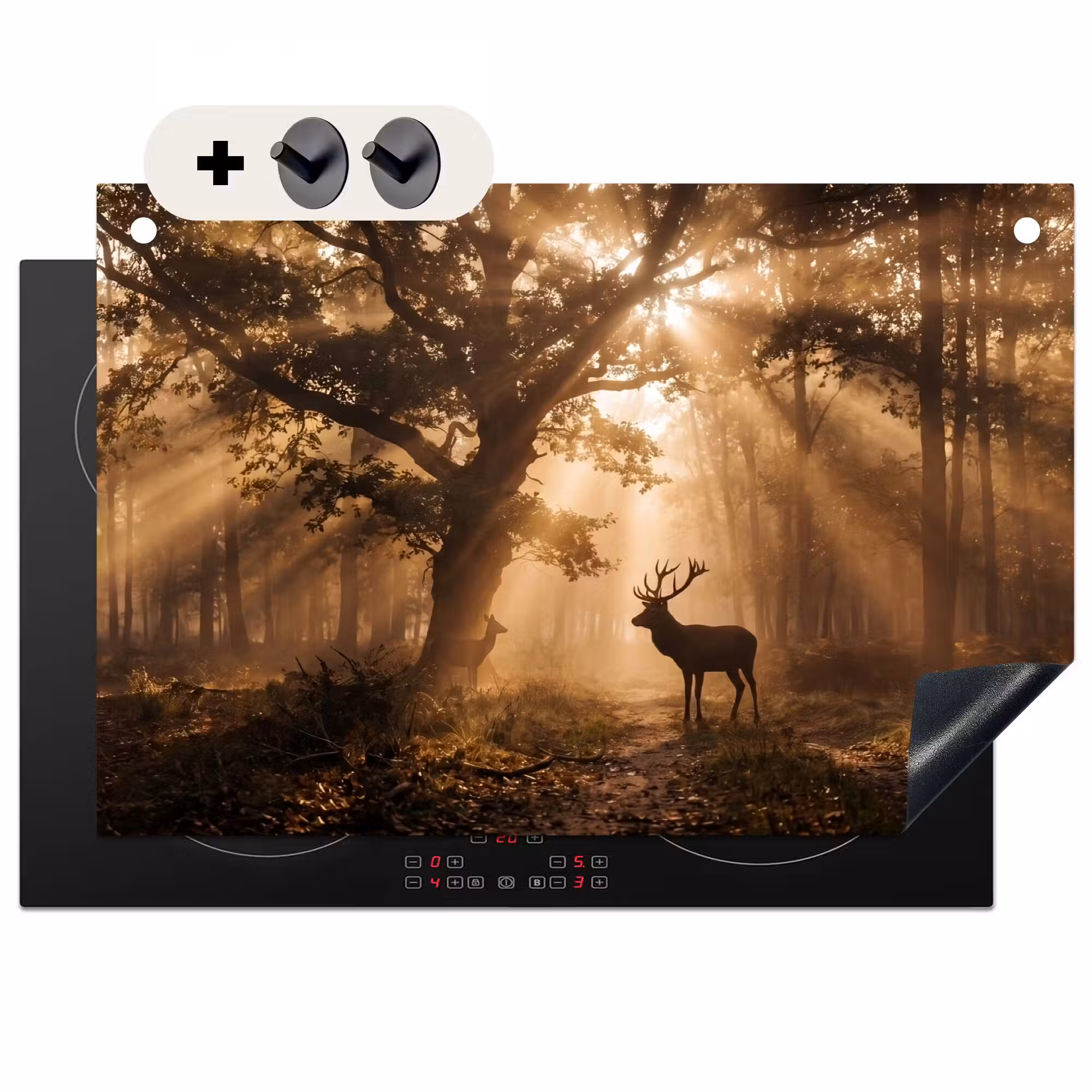 2-in-1 Herdabdeckplatte & Spritzschutz - Hirsch - Wald - Neblig - Natur - Gold