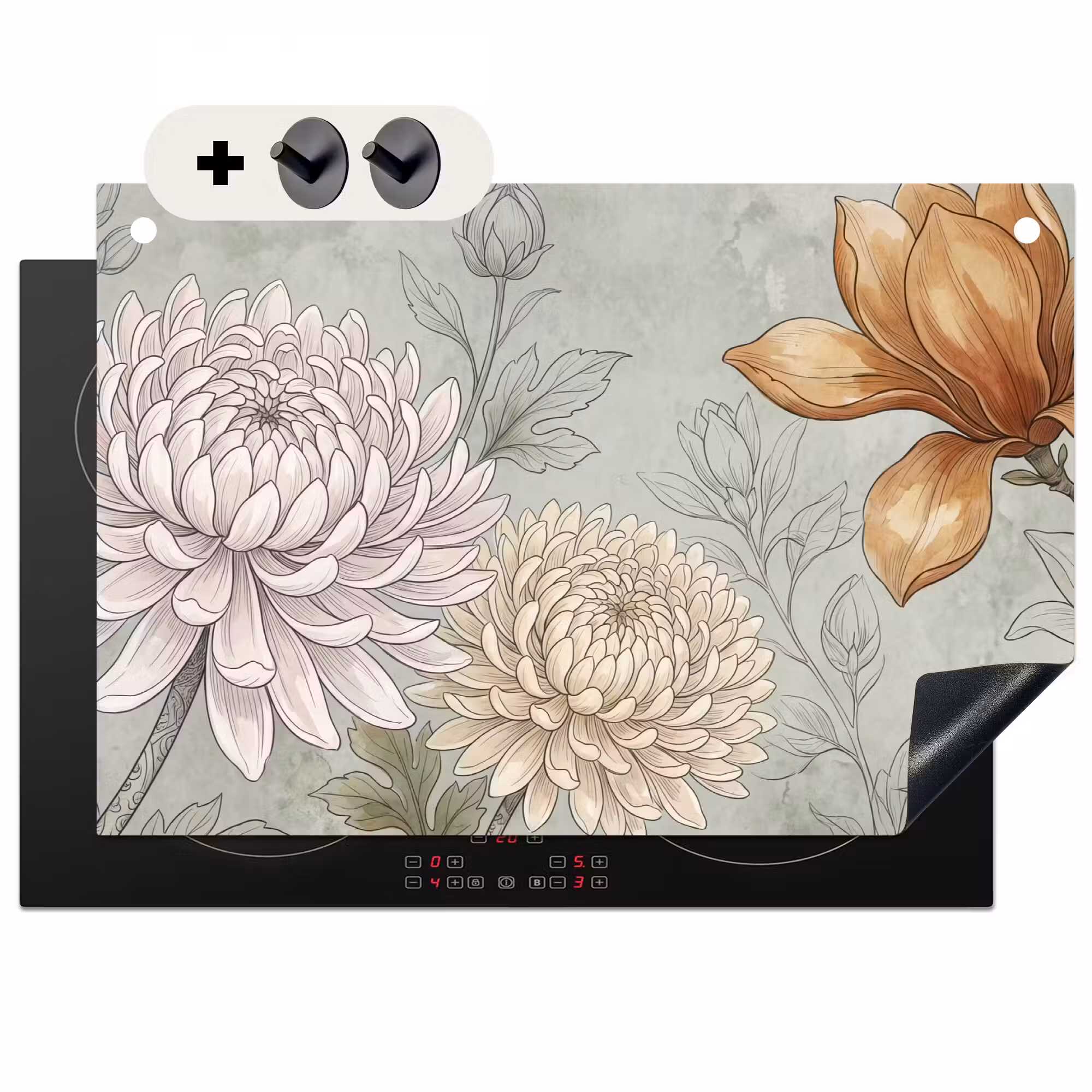 2-in-1 Herdabdeckplatte & Spritzschutz - Illustration - Blumen - Grün