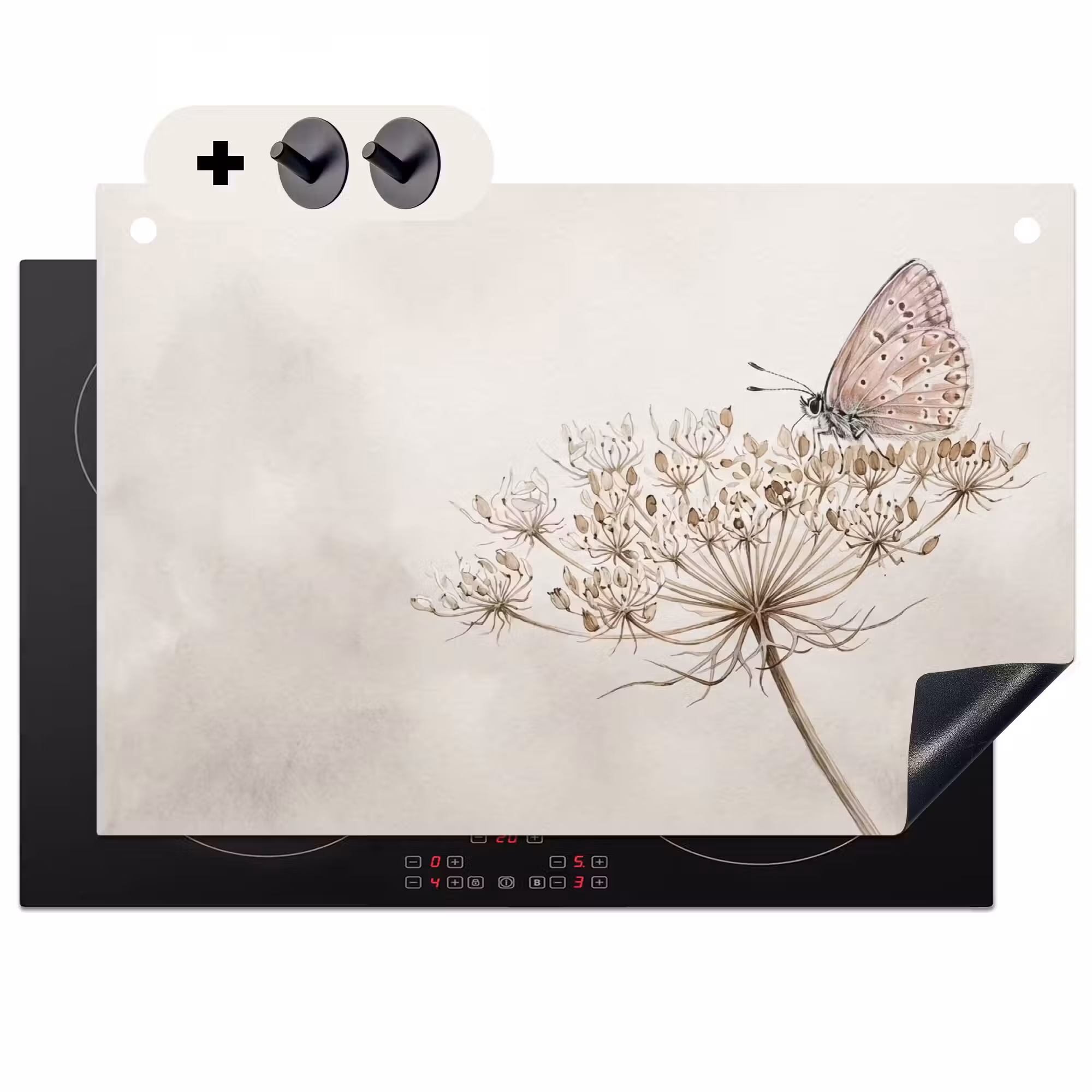 2-in-1 Herdabdeckplatte & Spritzschutz - Schmetterling - Blume - Natur - Beige