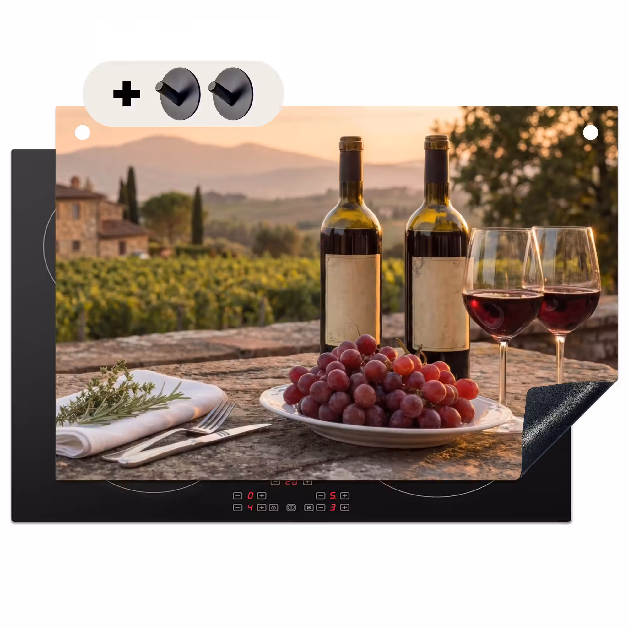 2-in-1 Herdabdeckplatte & Spritzschutz - Wein - Gläser - Trauben - Weinberg