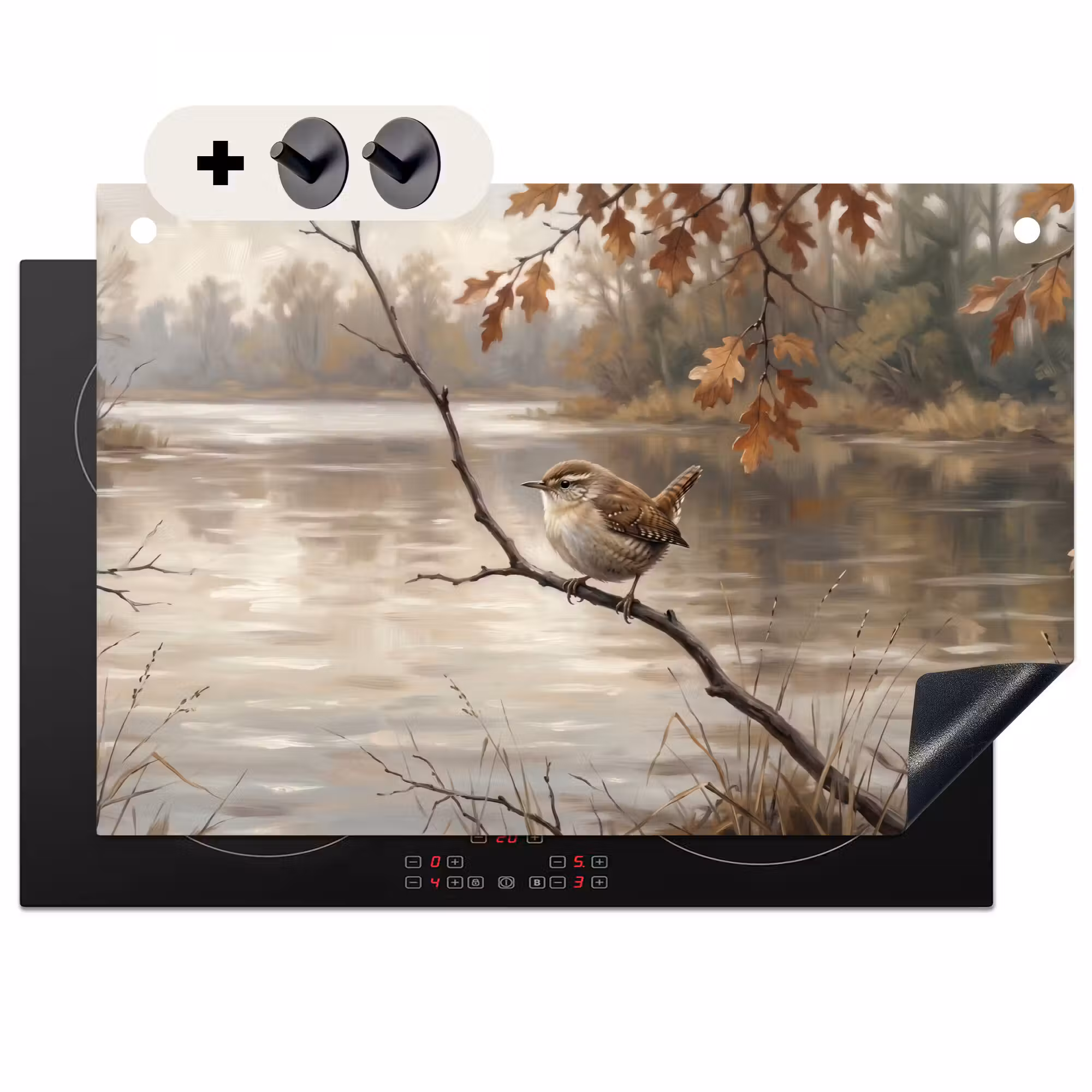 2-in-1 Herdabdeckplatte & Spritzschutz - Zaunkönig - Zweig - Fluss - Natur - Atmosphärisch