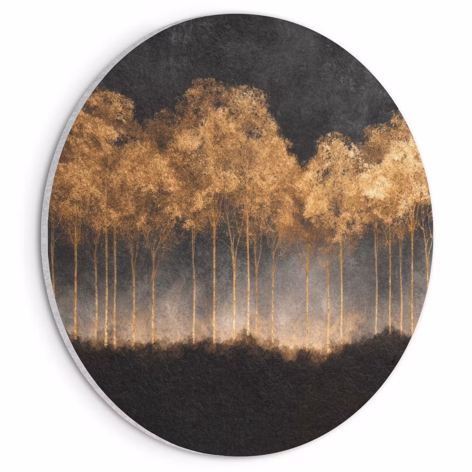 Akustikbild - Rund - Goldene Bäume in nebliger Landschaft