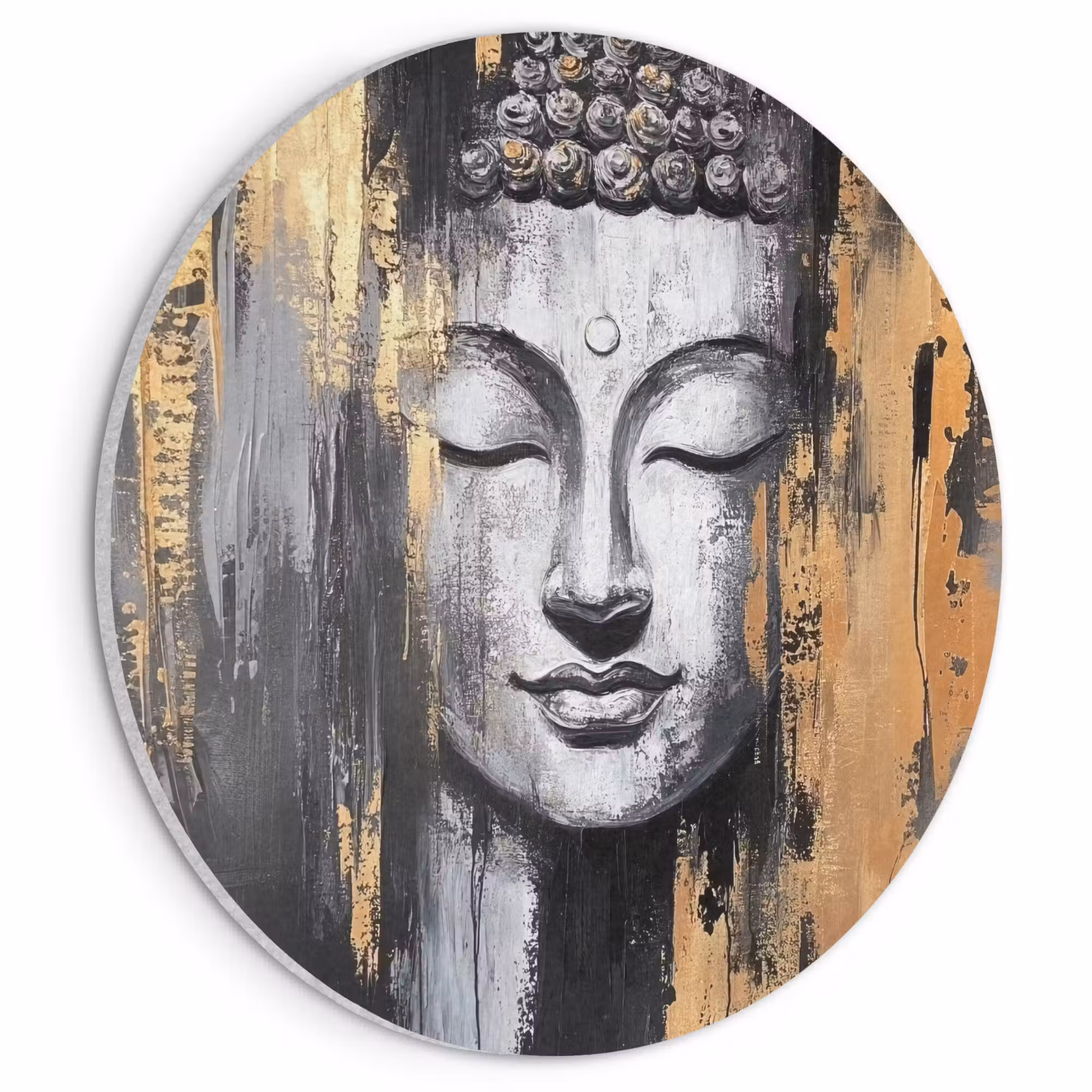 Akustikbild - Rund - Buddha - Pinselstriche - Gold - Abstrakt