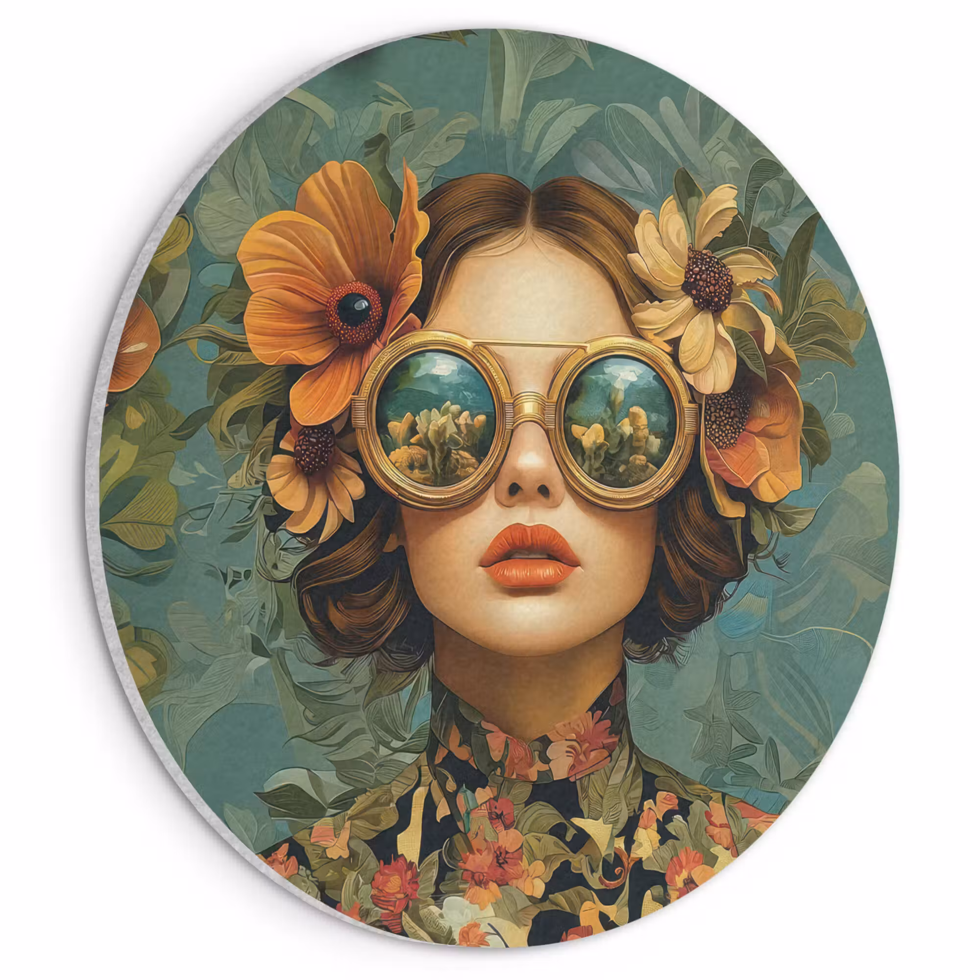 Akustikbild - Rund - Frau - Blumen - Schmetterlinge - Natur - Vintage
