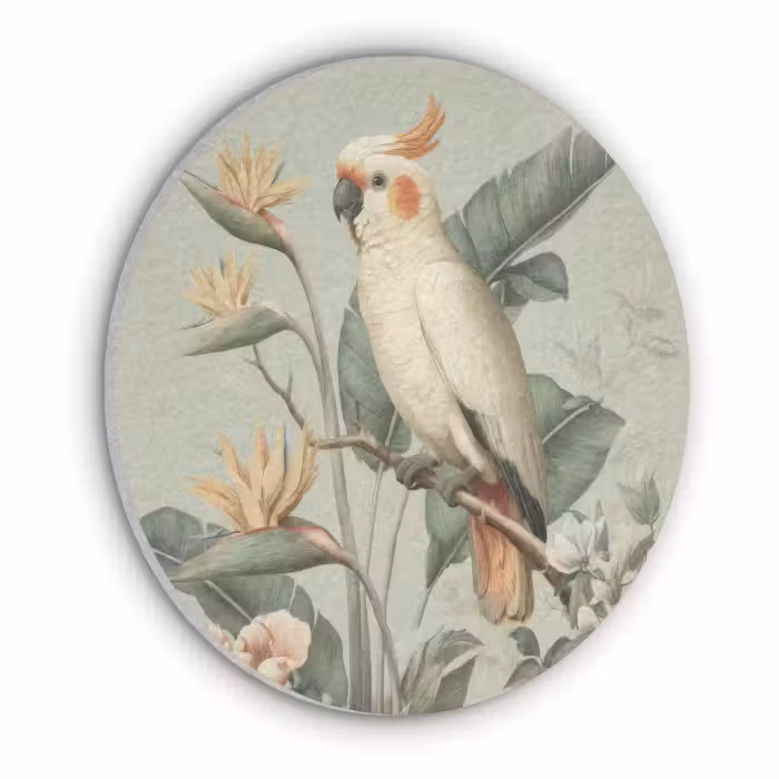 Akustikbild - Rund - Gelbhaubenkakadu - Paradiesvogel Blumen - Grün