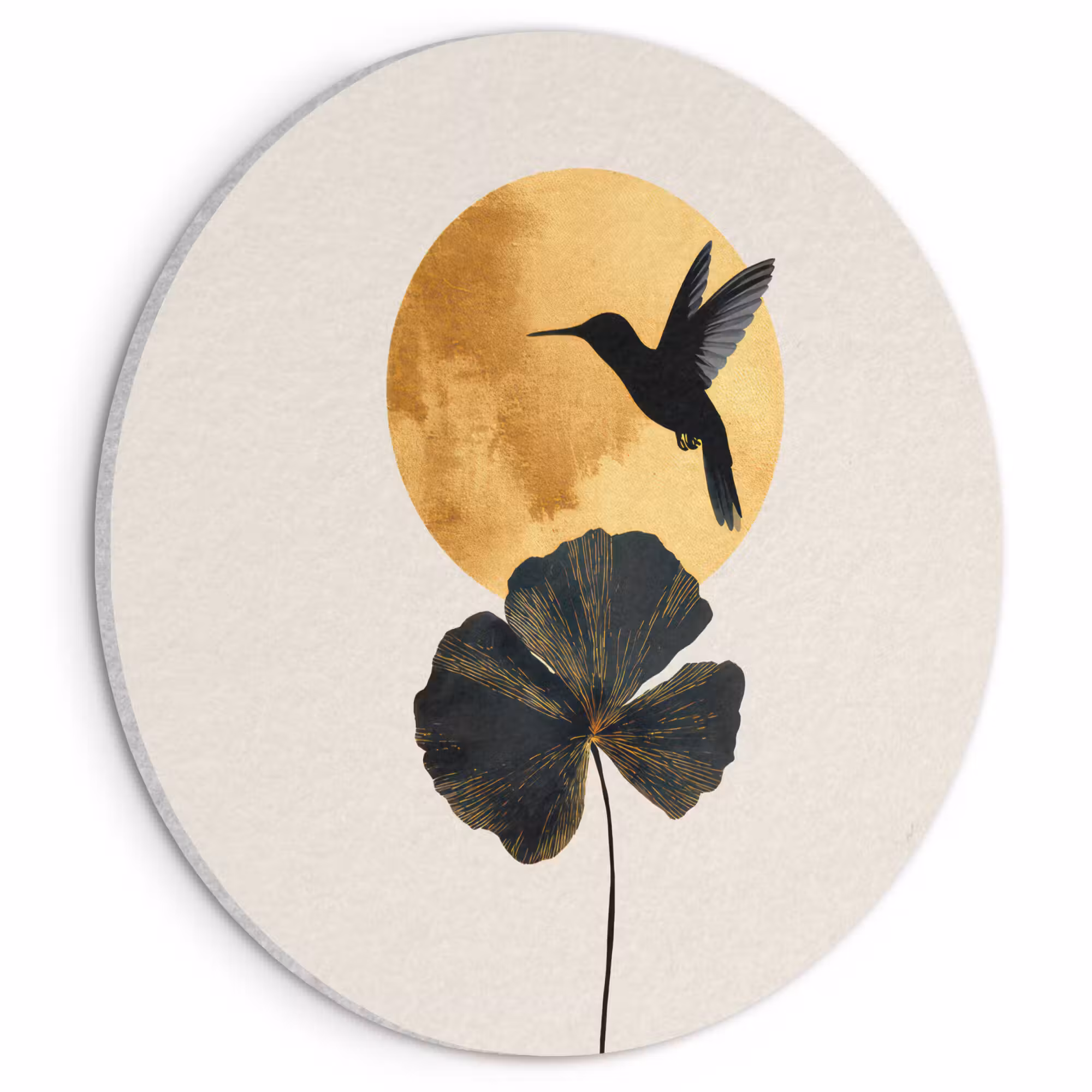Akustikbild - Rund - Schwarzer Kolibri - Blume - Goldener Kreis