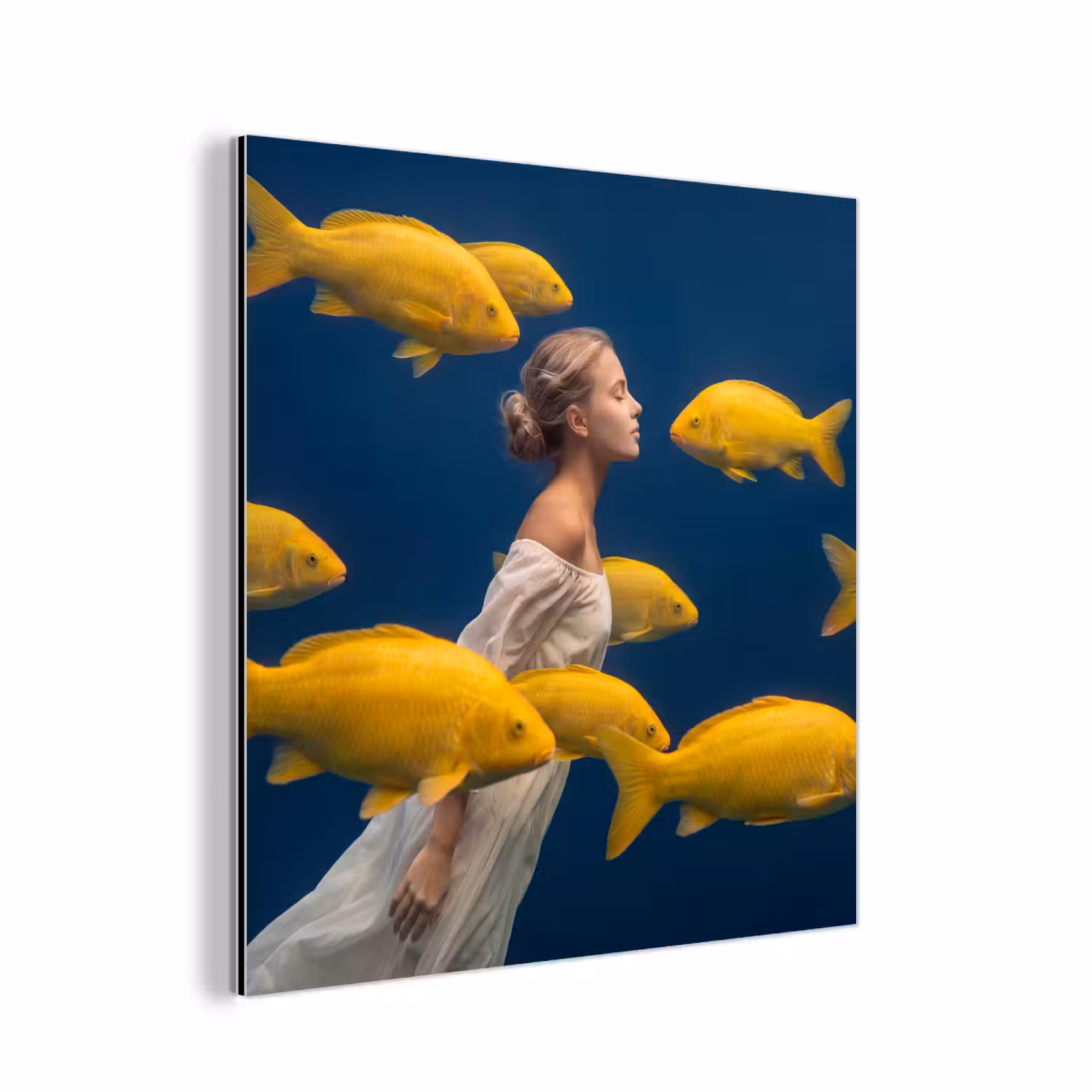 Alu-Dibond-Bild - Frau – Fisch – Wasser – Natur – Gelb