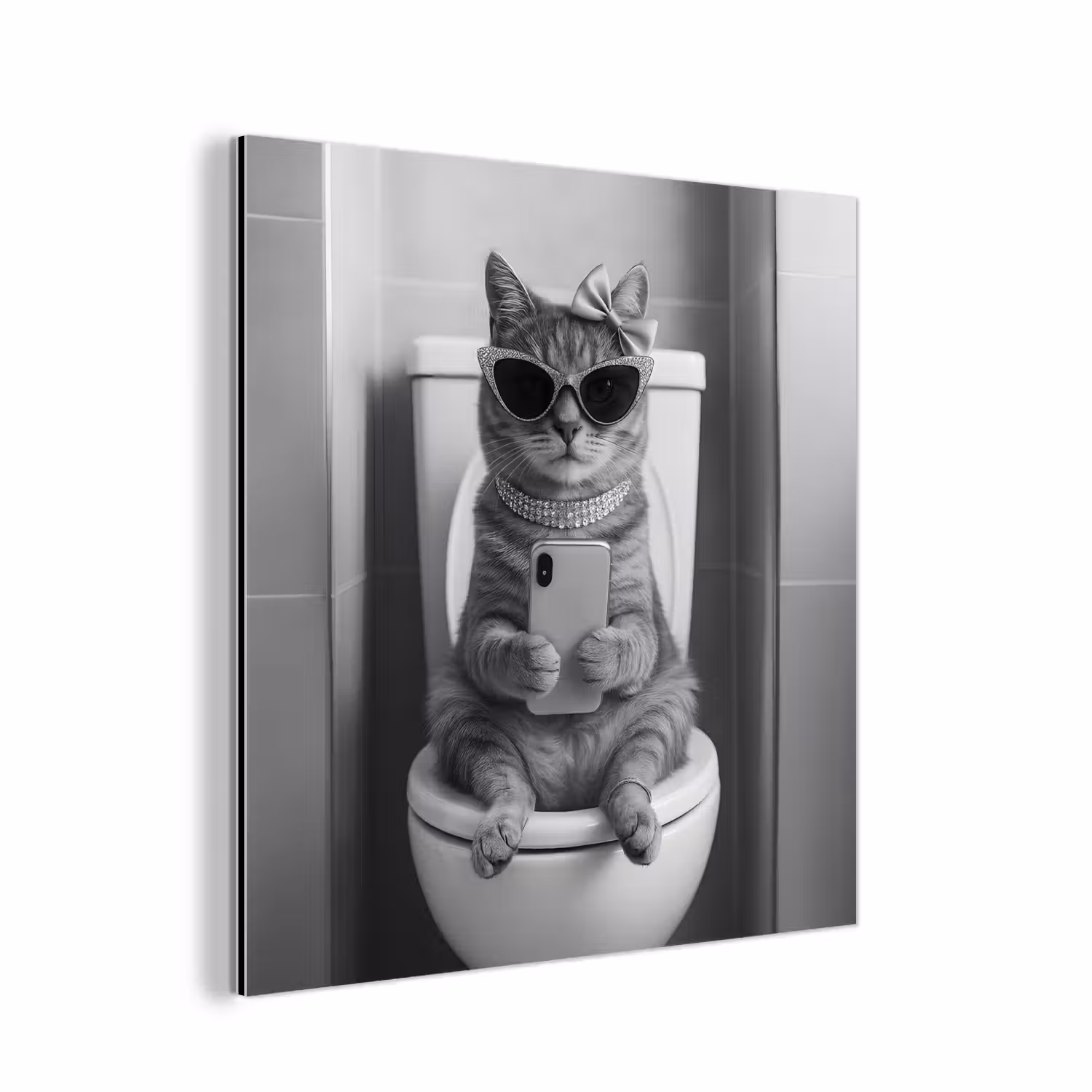 Alu-Dibond-Bild - Katze - Telefon - Toilette - Schwarz - Weiß