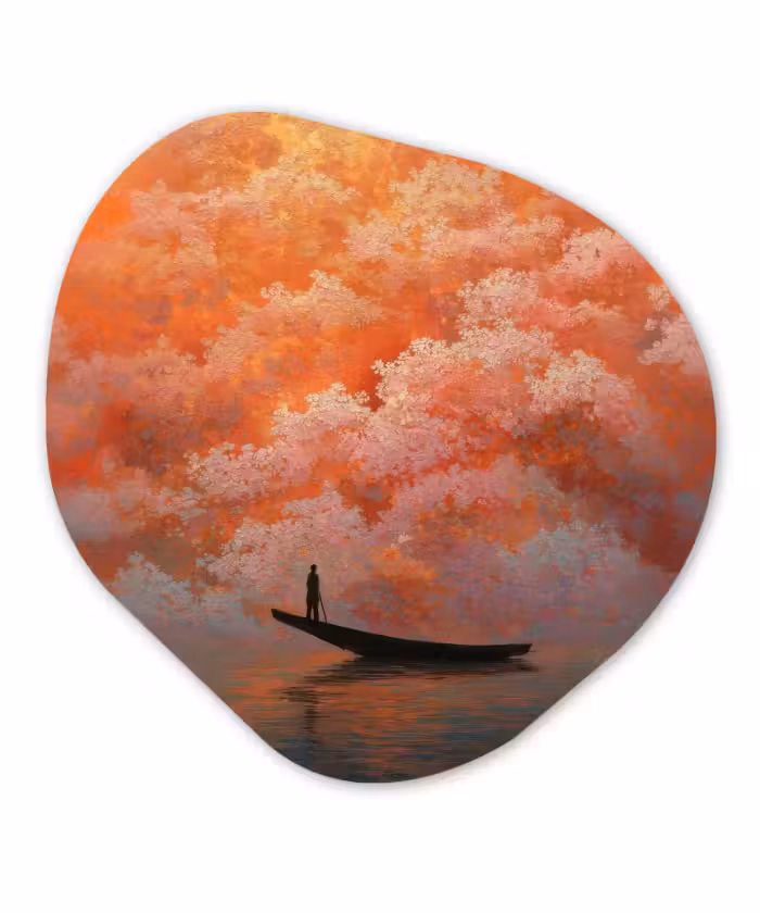 Alu-Dibond-Bild Organische Form - Meer - Boot - Wolken - Orange
