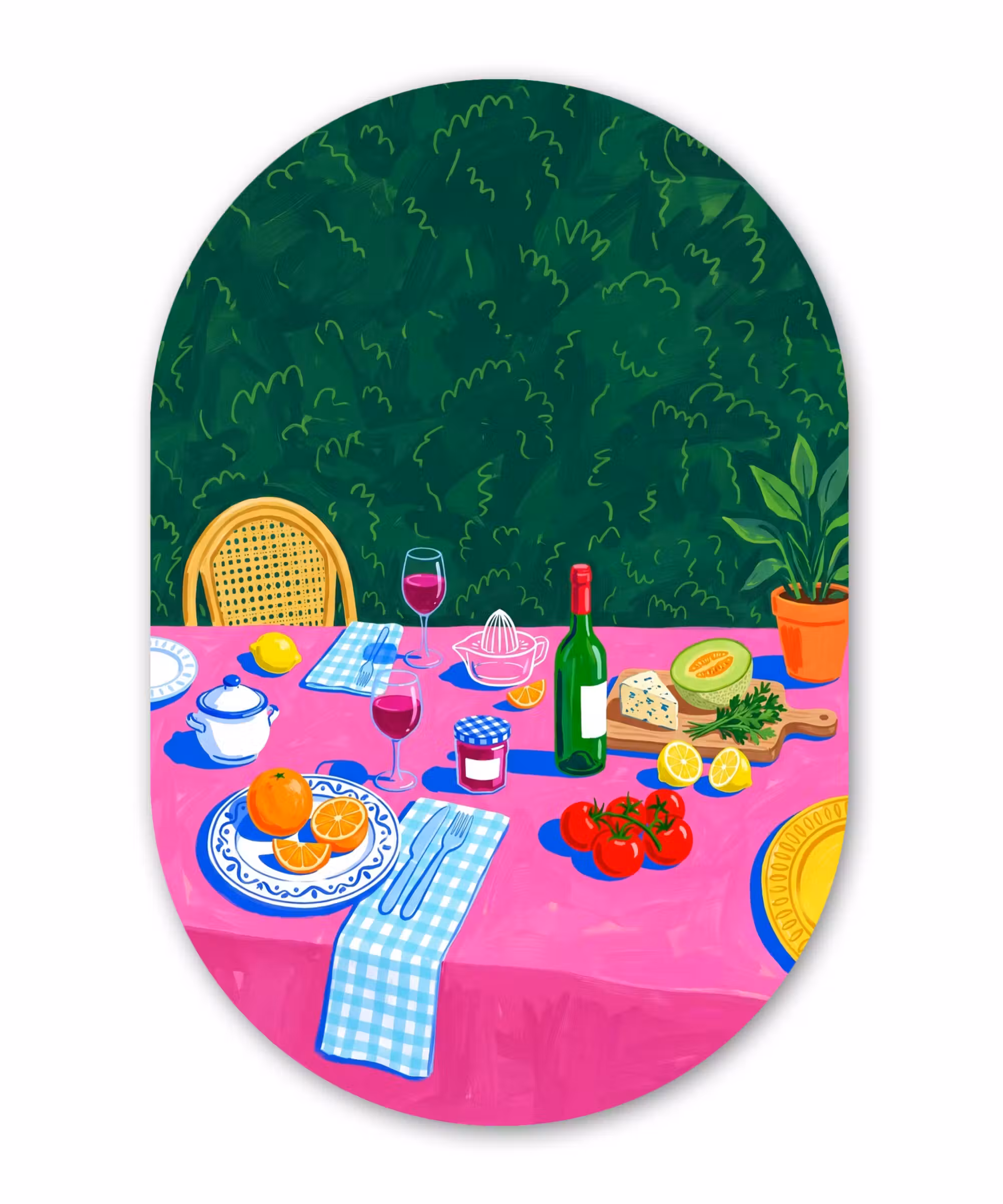 Alu-Dibond-Bild Oval - Essen – Tisch – Illustration