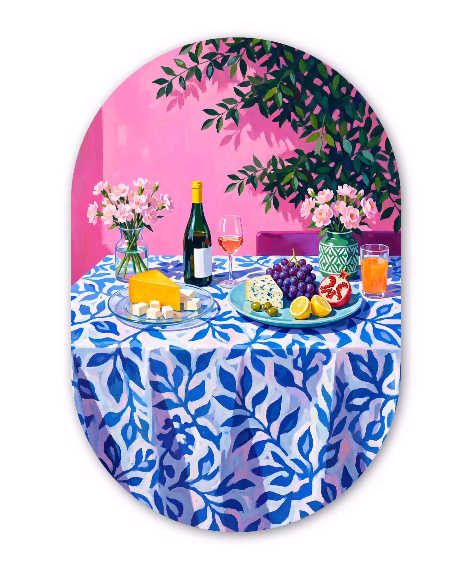 Alu-Dibond-Bild Oval - Essen – Wein – Farbenfroh