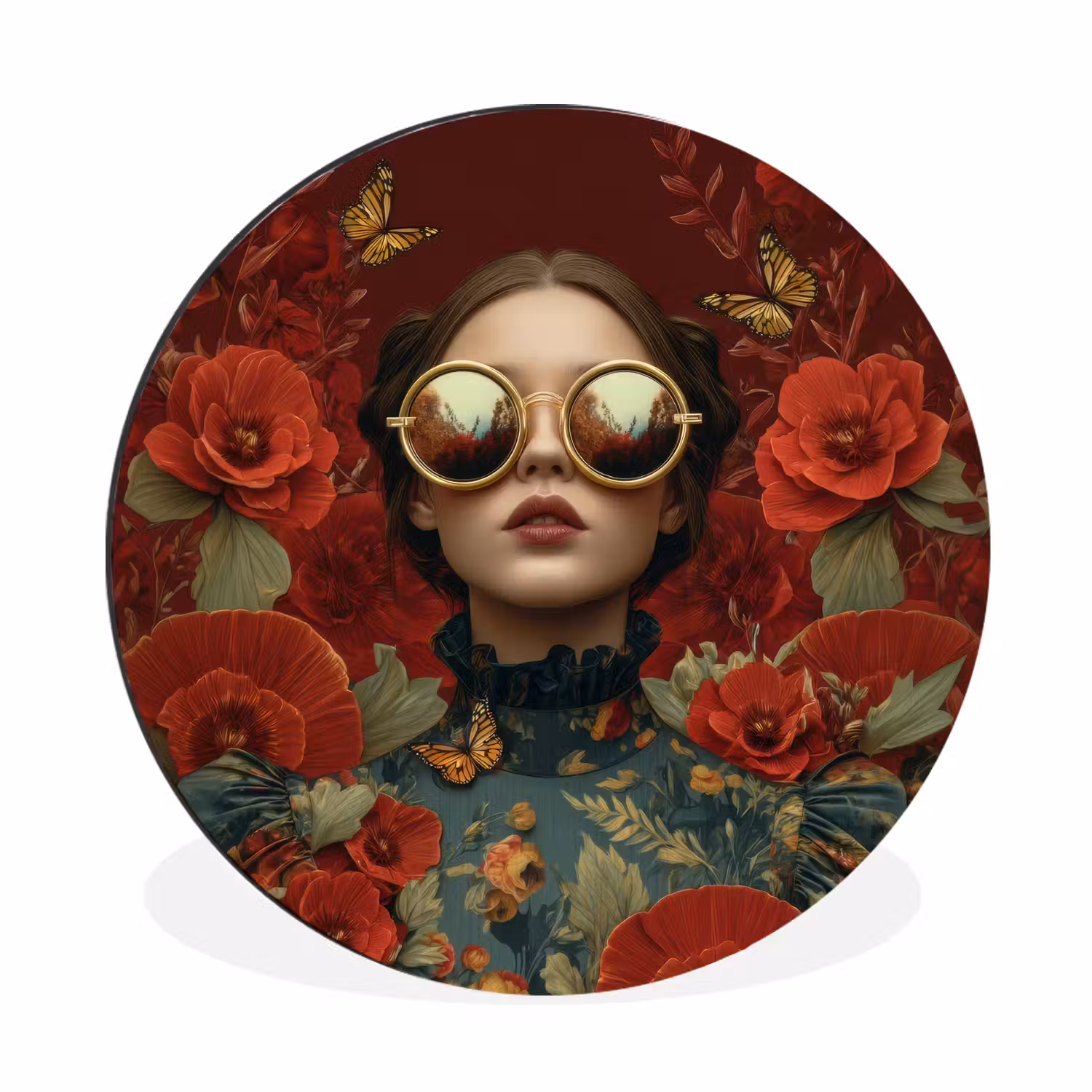 Alu-Dibond-Bild Rund - Blumen - Tiefrot - Sonnenbrille - Frau