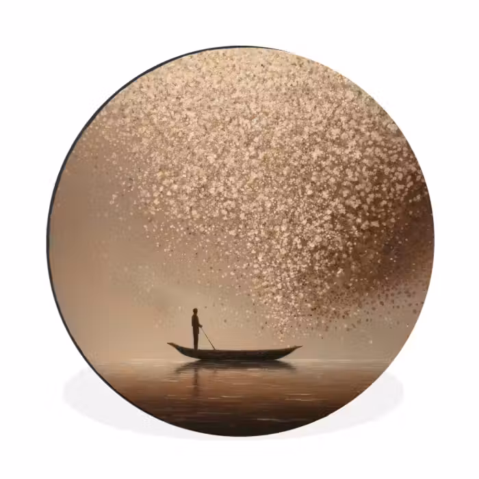 Alu-Dibond-Bild Rund - Boot - Blätter - Gold - Wasser