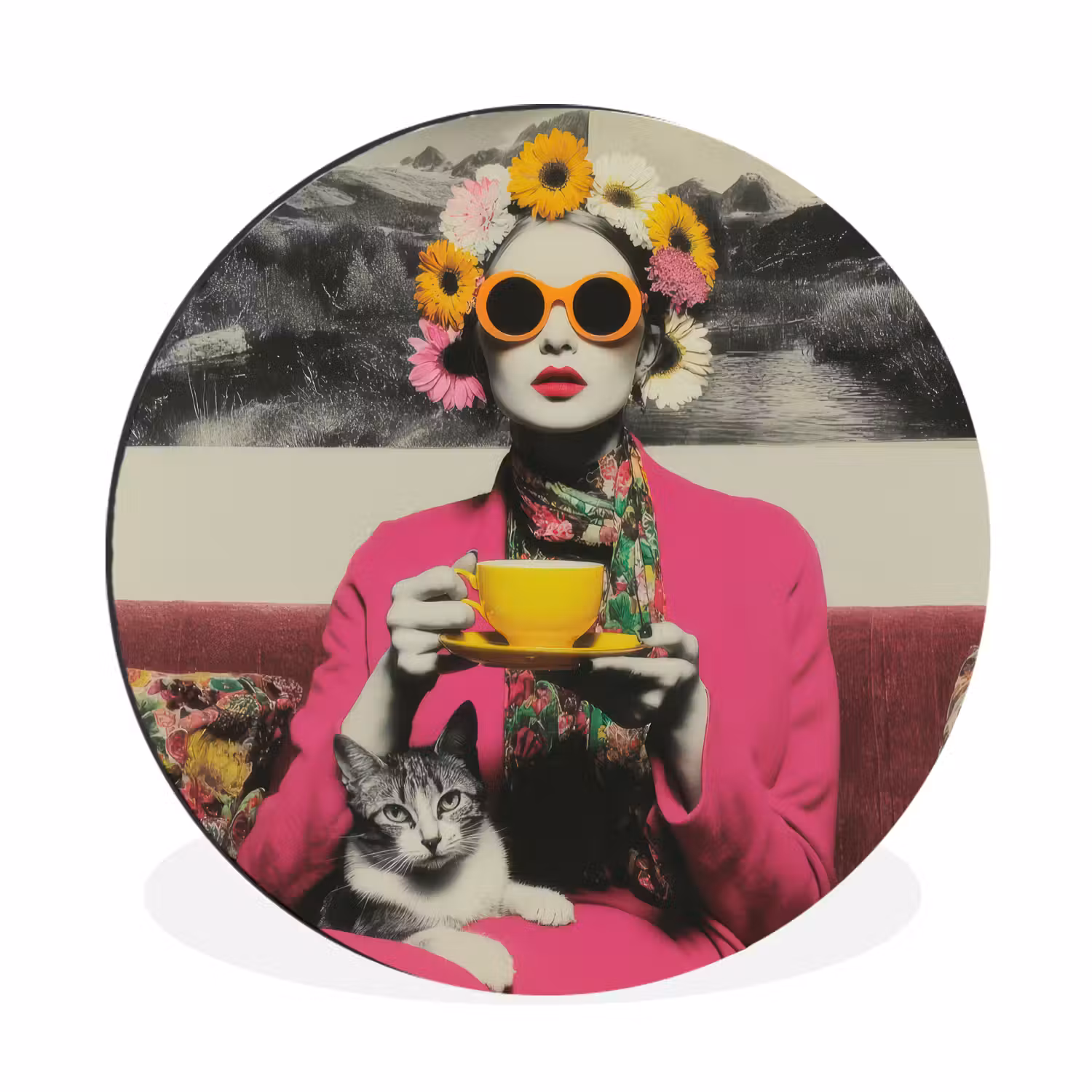 Alu-Dibond-Bild Rund - Frau - Katze - Blumen - Tasse - Retro