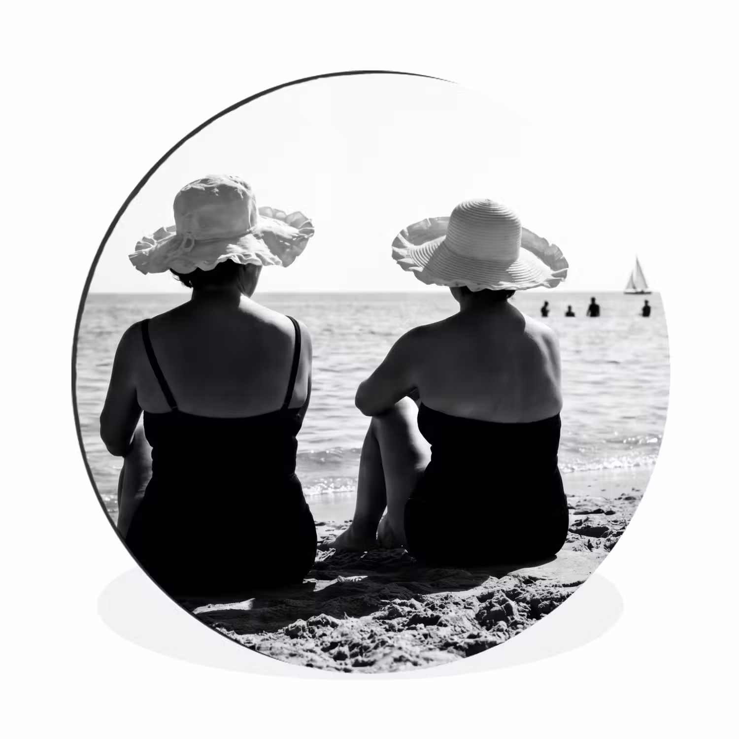 Alu-Dibond-Bild Rund - Frauen - Sonnenhut - Strand - Schwarz - Weiß