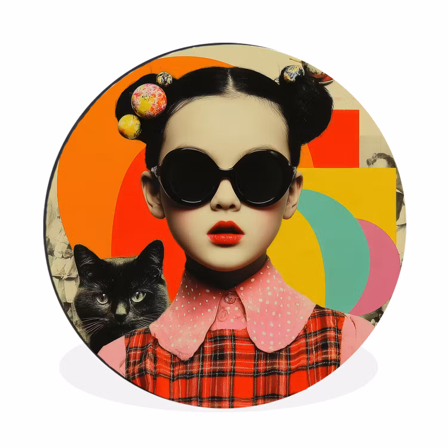 Alu-Dibond-Bild Rund - Mädchen - Sonnenbrille - Katze - Retro