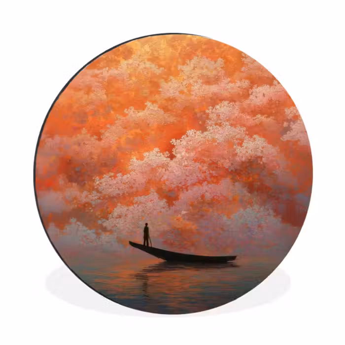 Alu-Dibond-Bild Rund - Meer - Boot - Wolken - Orange