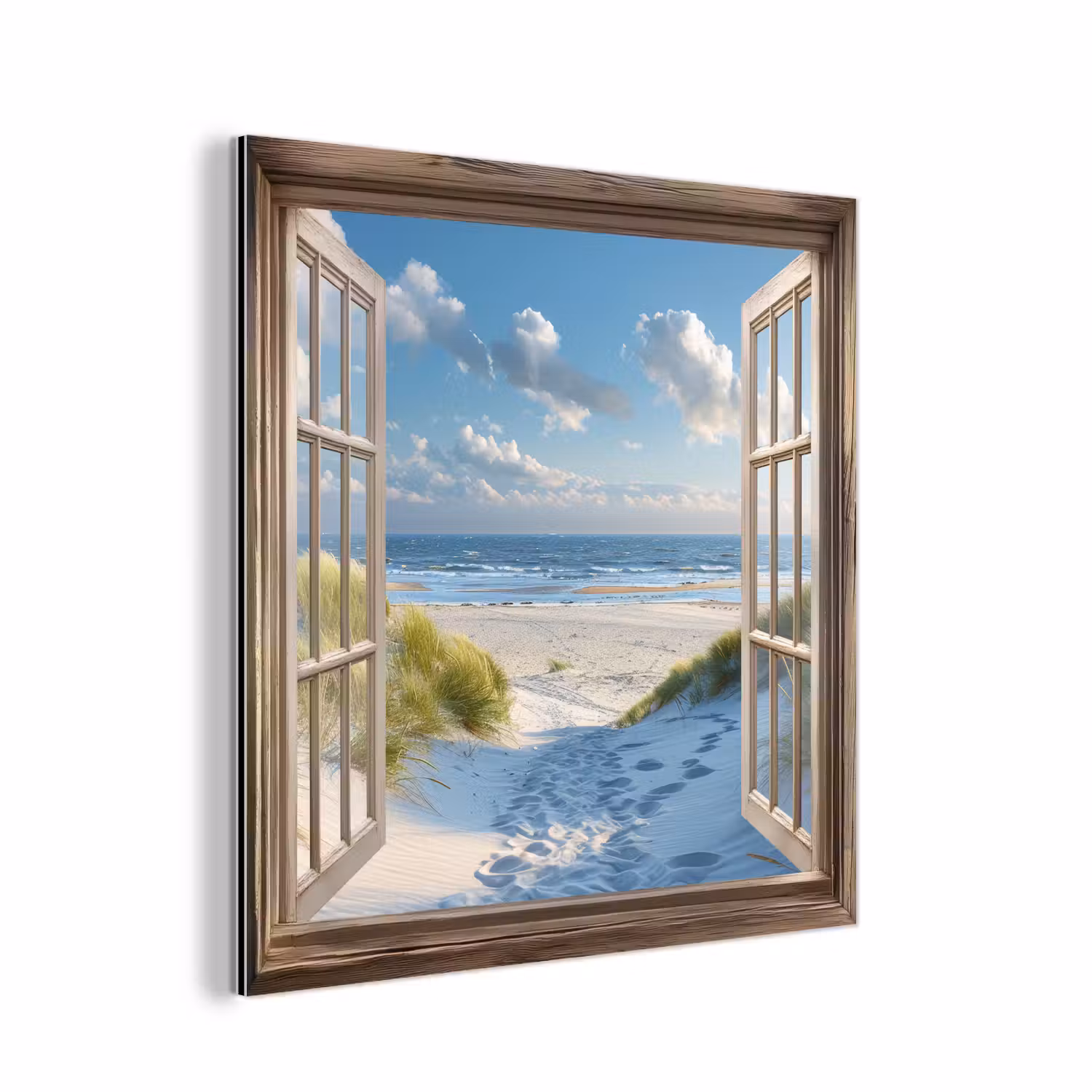 Alu-Dibond-Bild - Aussicht - Strand - Fenster - Dünen - Meer
