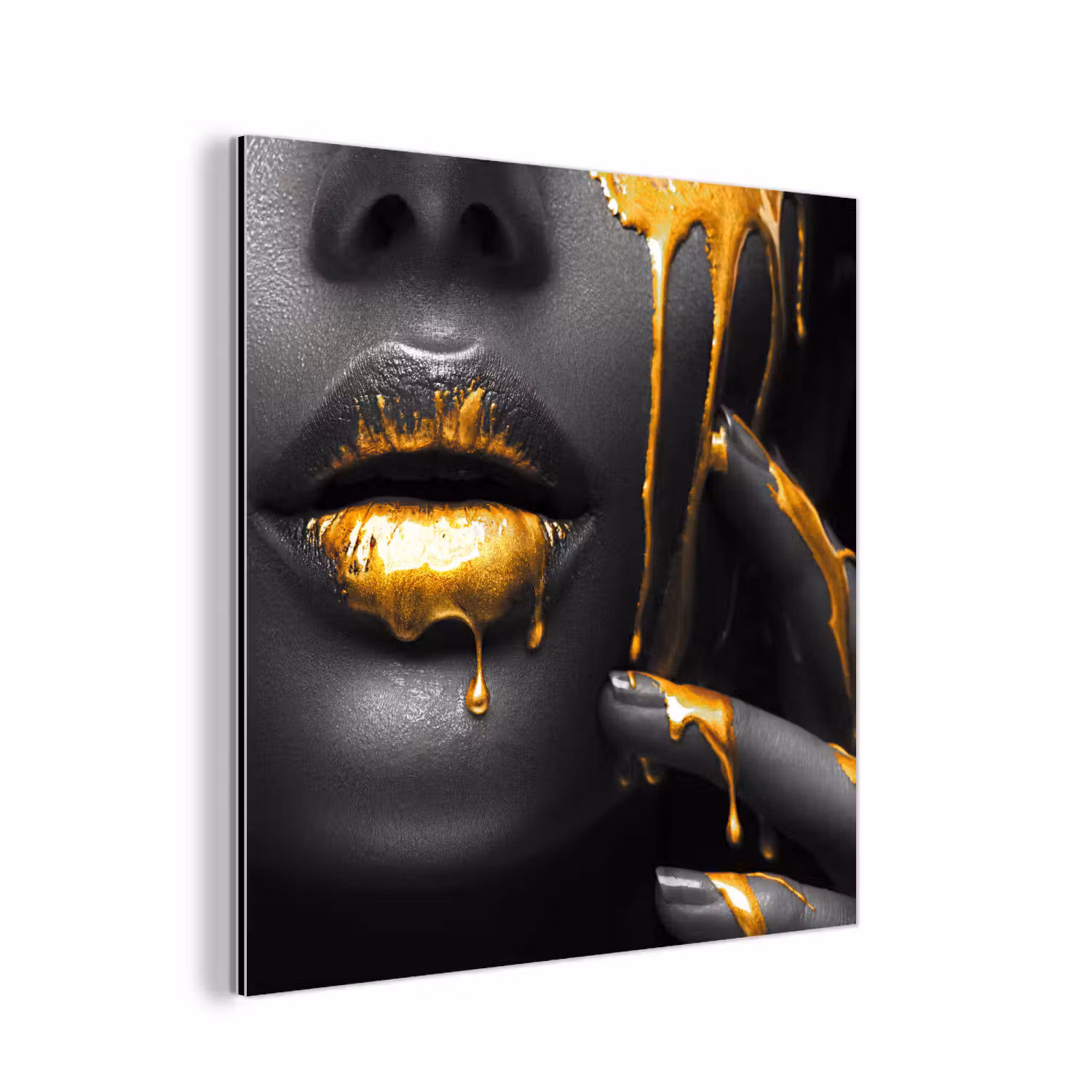 Alu-Dibond-Bild - Frau - Schwarz - Gold - Gesicht - Lippen