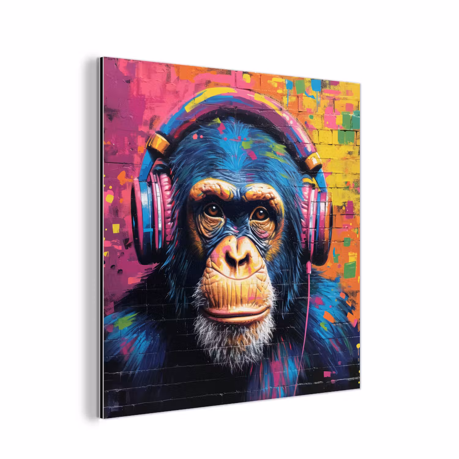 Alu-Dibond-Bild - Graffiti - Schimpanse - Straßenkunst - Kopfhörer - Affe