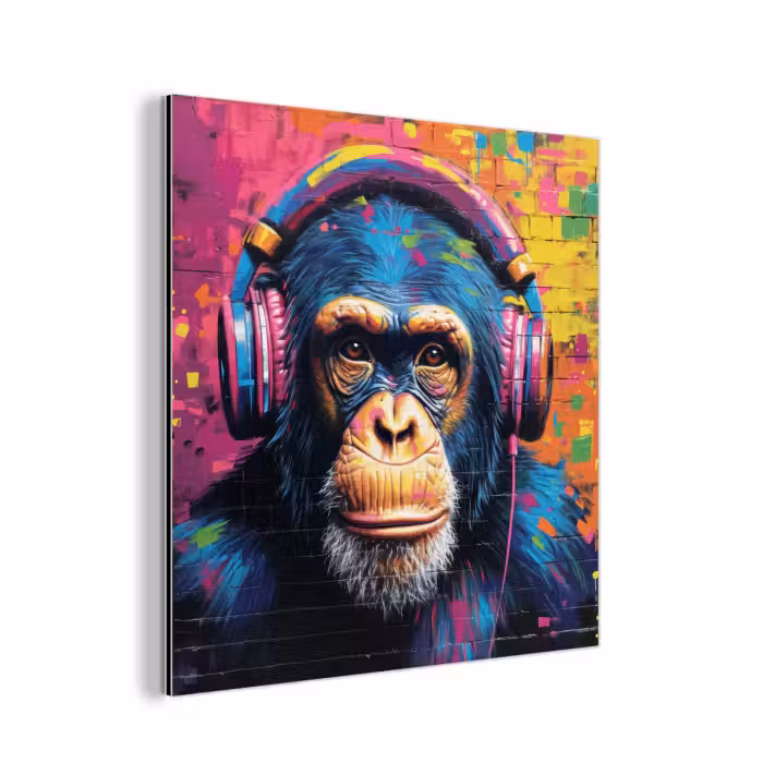 Alu-Dibond-Bild - Graffiti - Schimpanse - Straßenkunst - Kopfhörer - Affe