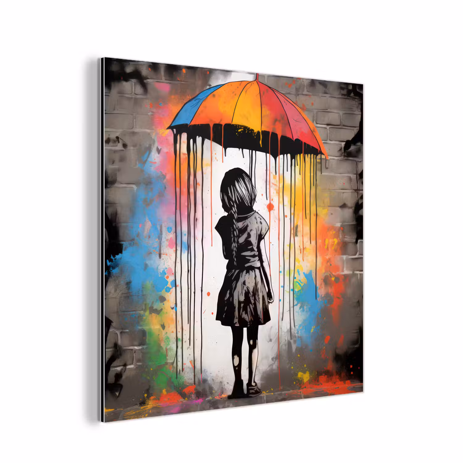 Alu-Dibond-Bild - Mädchen - Kunst - Regenschirm - Graffiti - Farben - Wand