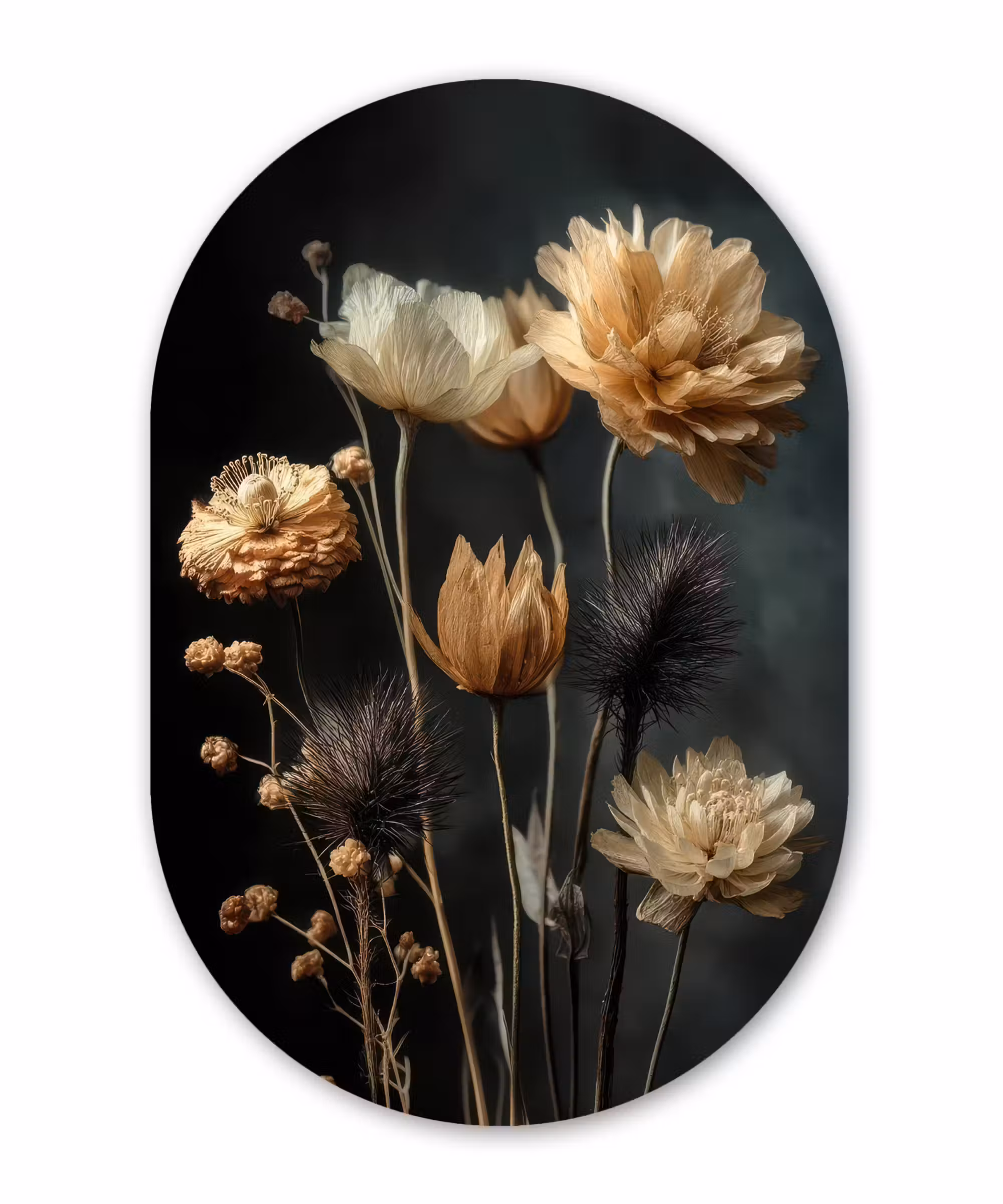 Alu-Dibond-Bild Oval - Blumenstrauß - Blumen - Licht - Schwarz