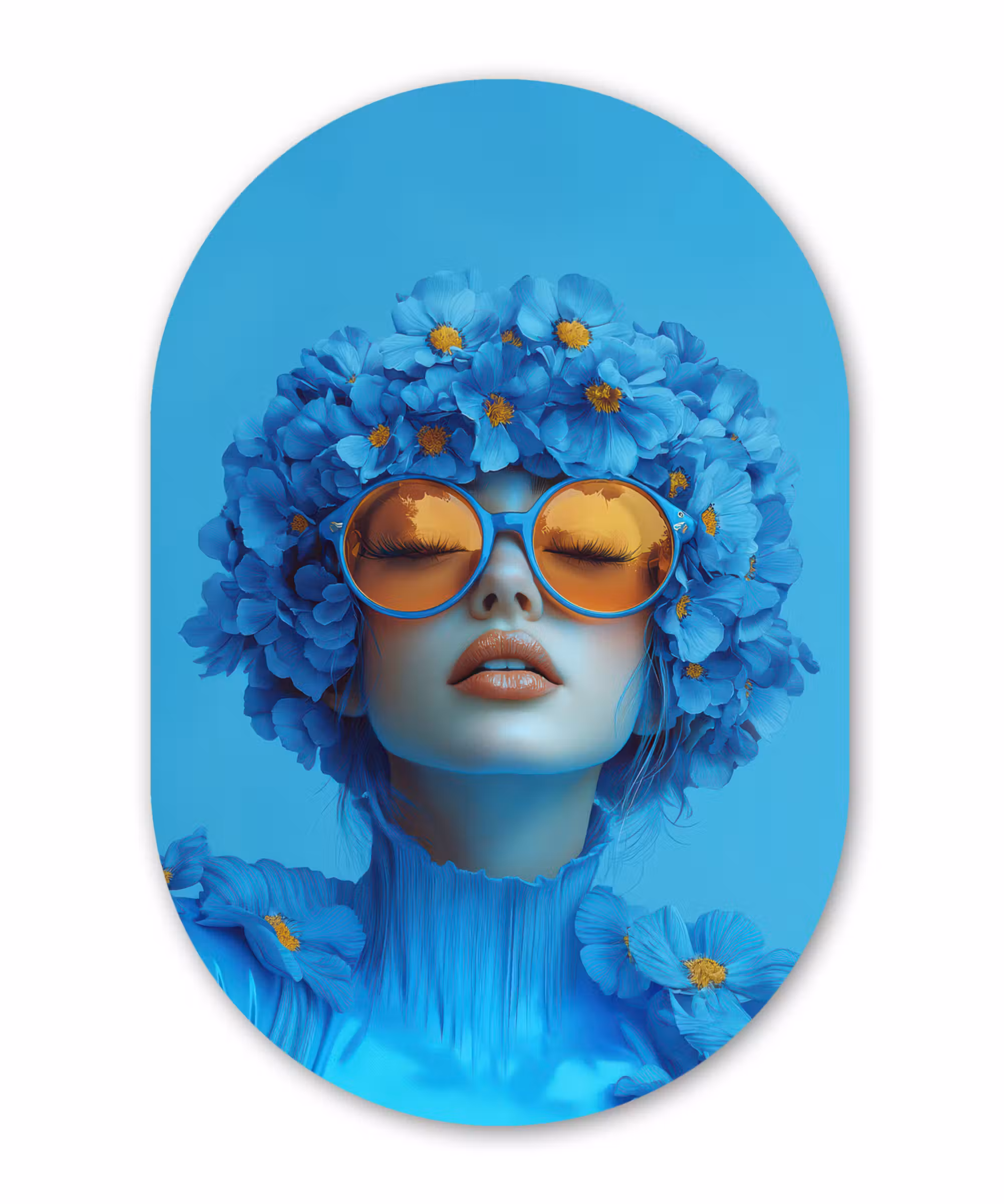 Alu-Dibond-Bild Oval - Frau - Blume - Blau - Modern - Brille - Porträt