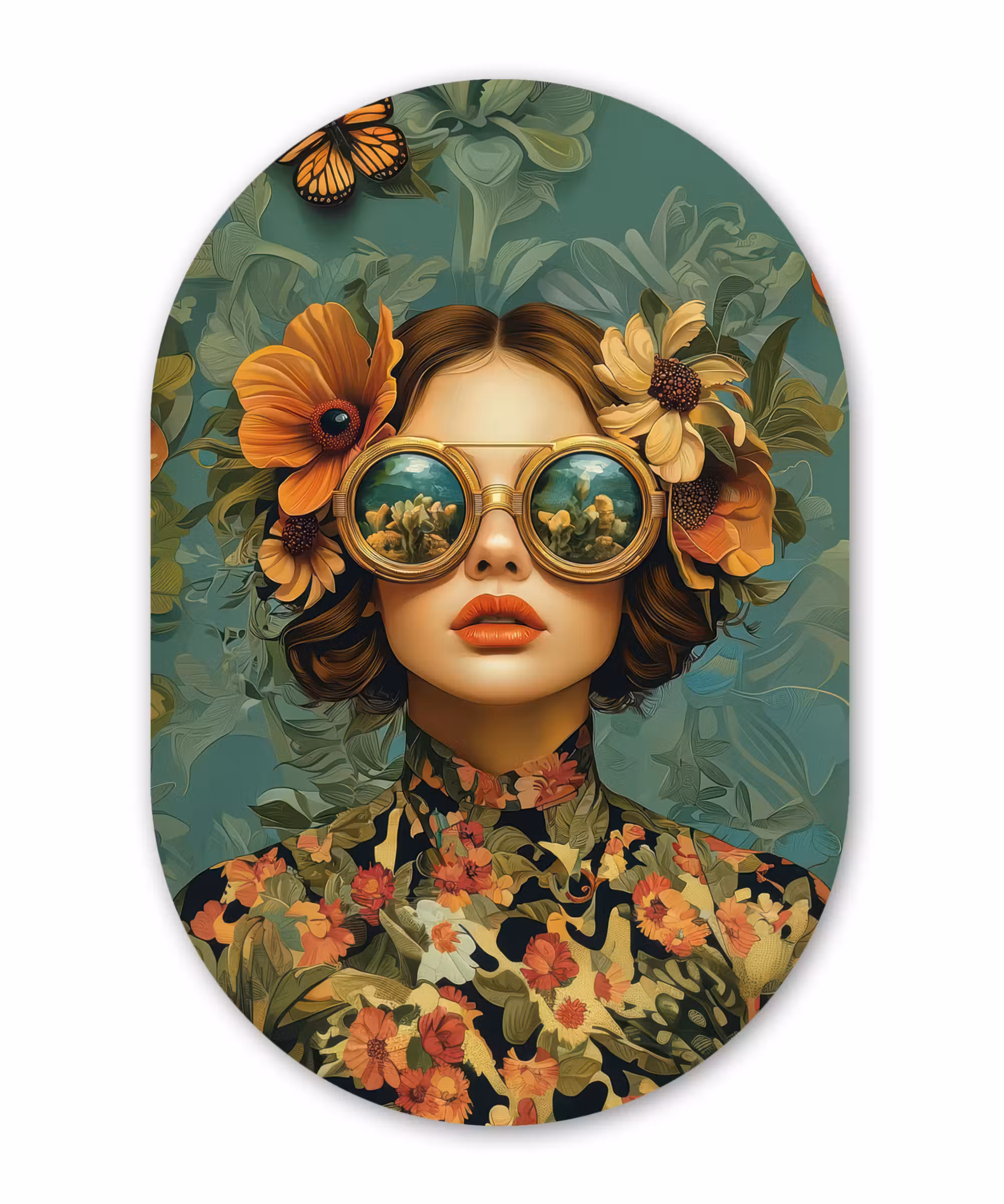 Alu-Dibond-Bild Oval - Frau - Blumen - Schmetterlinge - Natur - Vintage