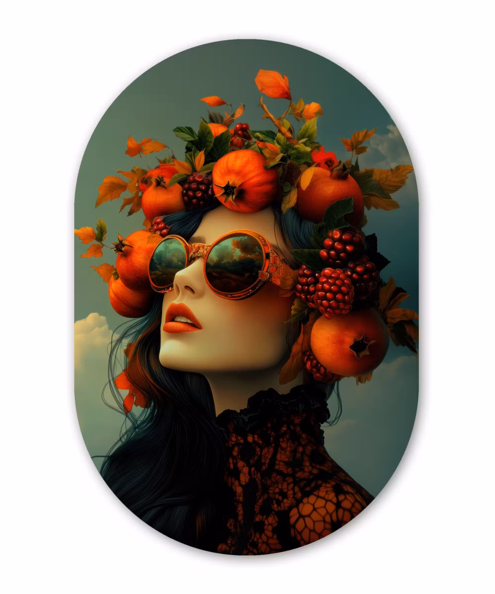 Alu-Dibond-Bild Oval - Frau - Granatapfel - Herbst - Sonnenbrille