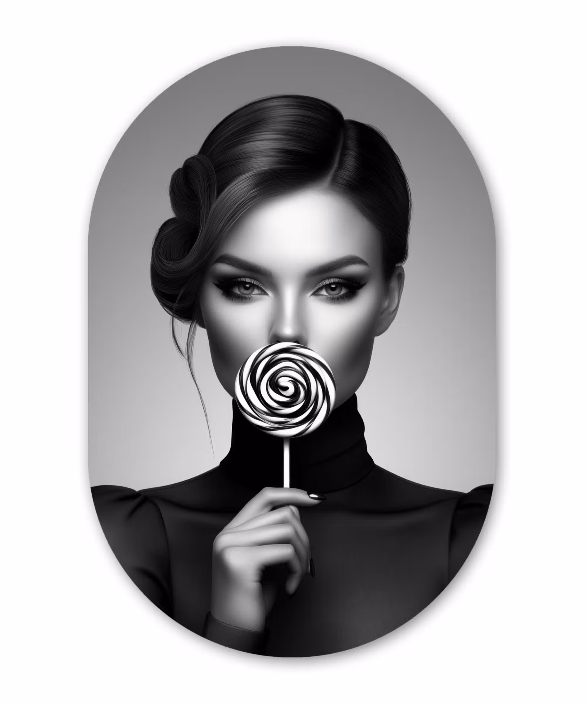 Alu-Dibond-Bild Oval - Frau - Lolly - Schwarz