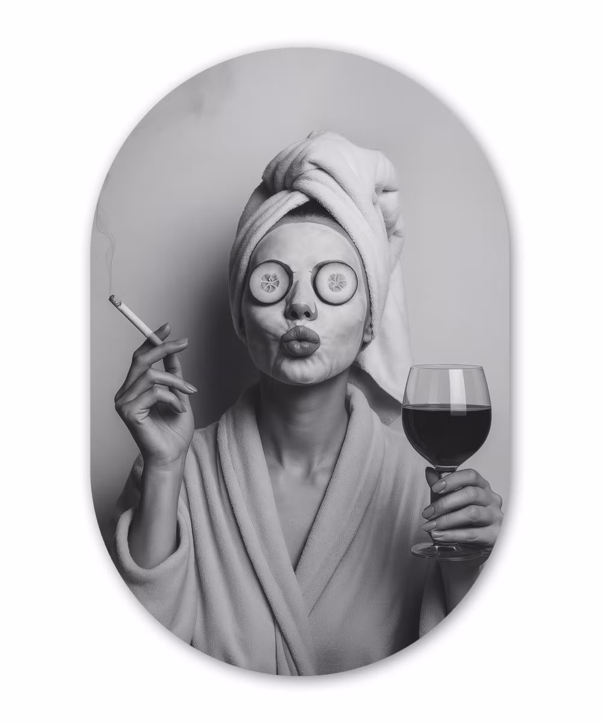 Alu-Dibond-Bild Oval - Frau - Maske - Wein - Zigarette