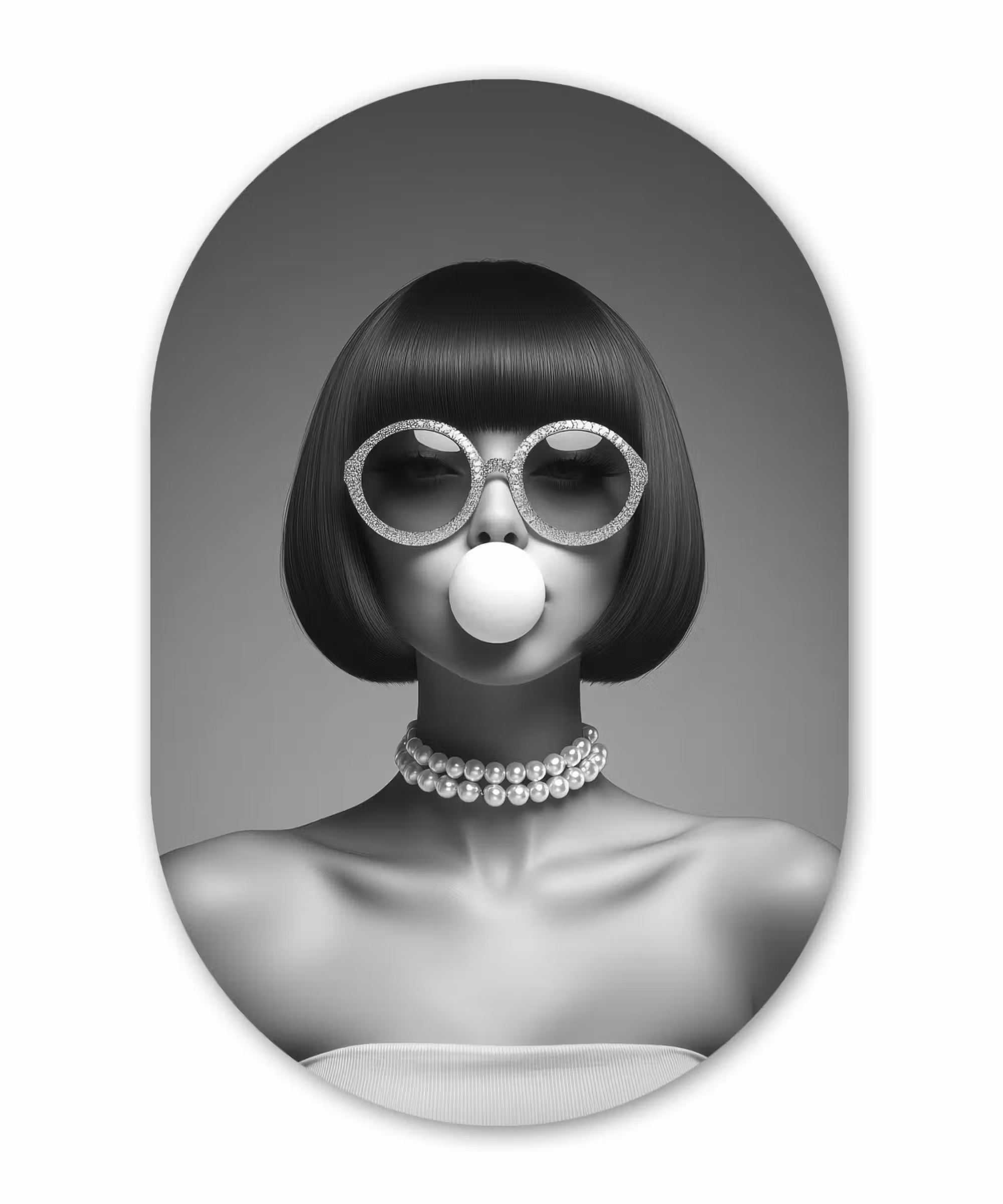 Alu-Dibond-Bild Oval - Frau - Schwarz und weiß - Halskette - Sonnenbrille