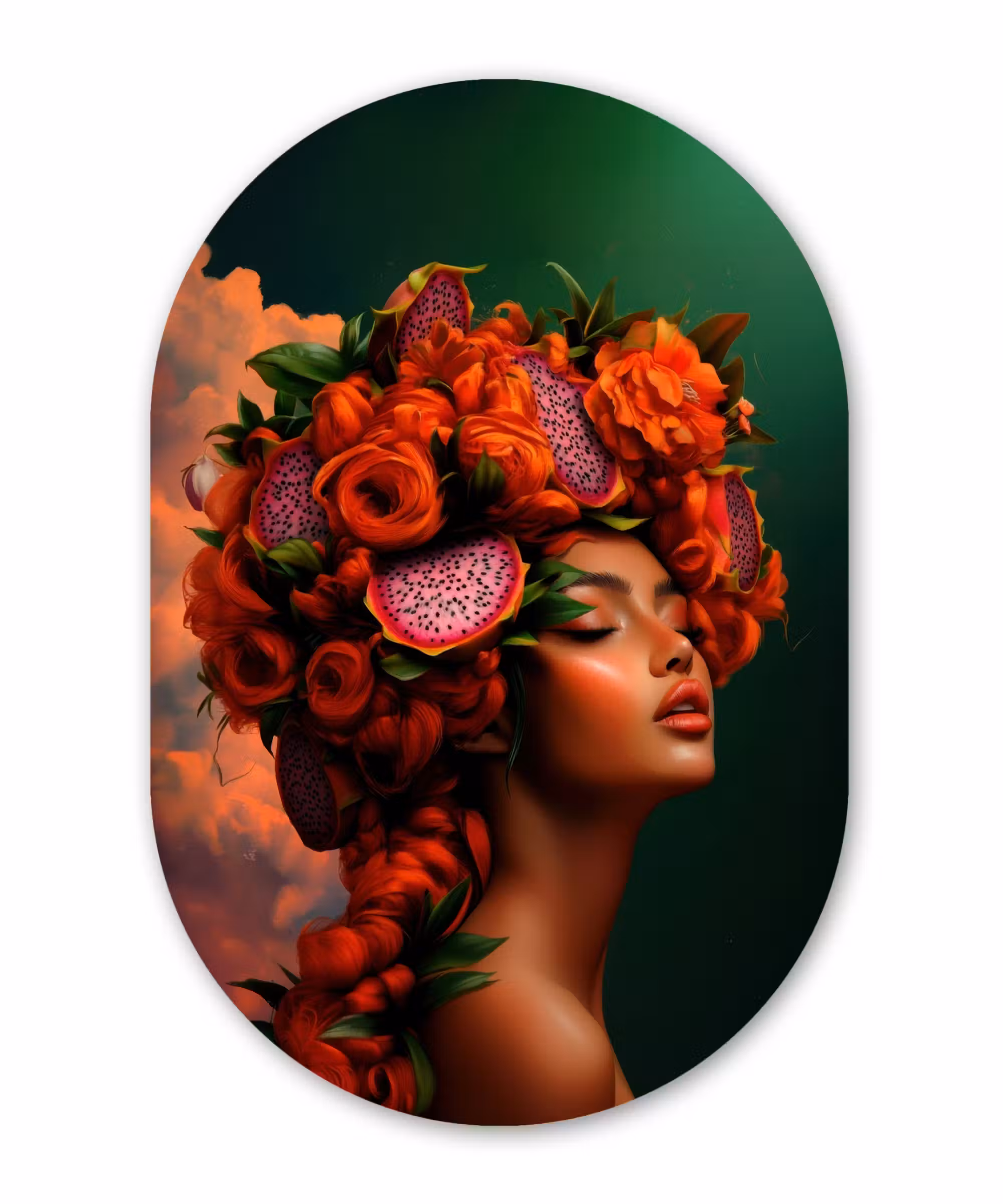 Alu-Dibond-Bild Oval - Frau - trinkt Obst - Rosen