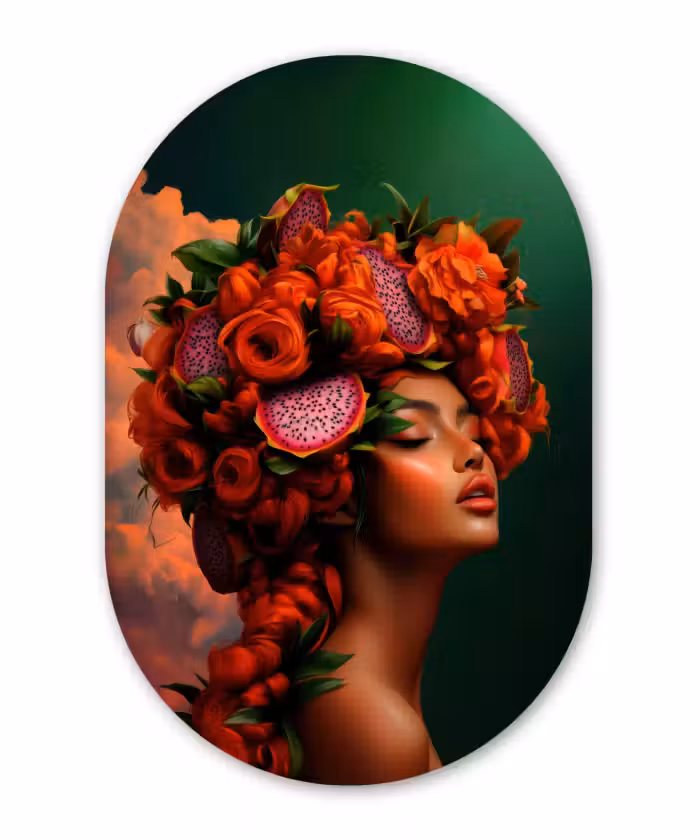 Alu-Dibond-Bild Oval - Frau - trinkt Obst - Rosen