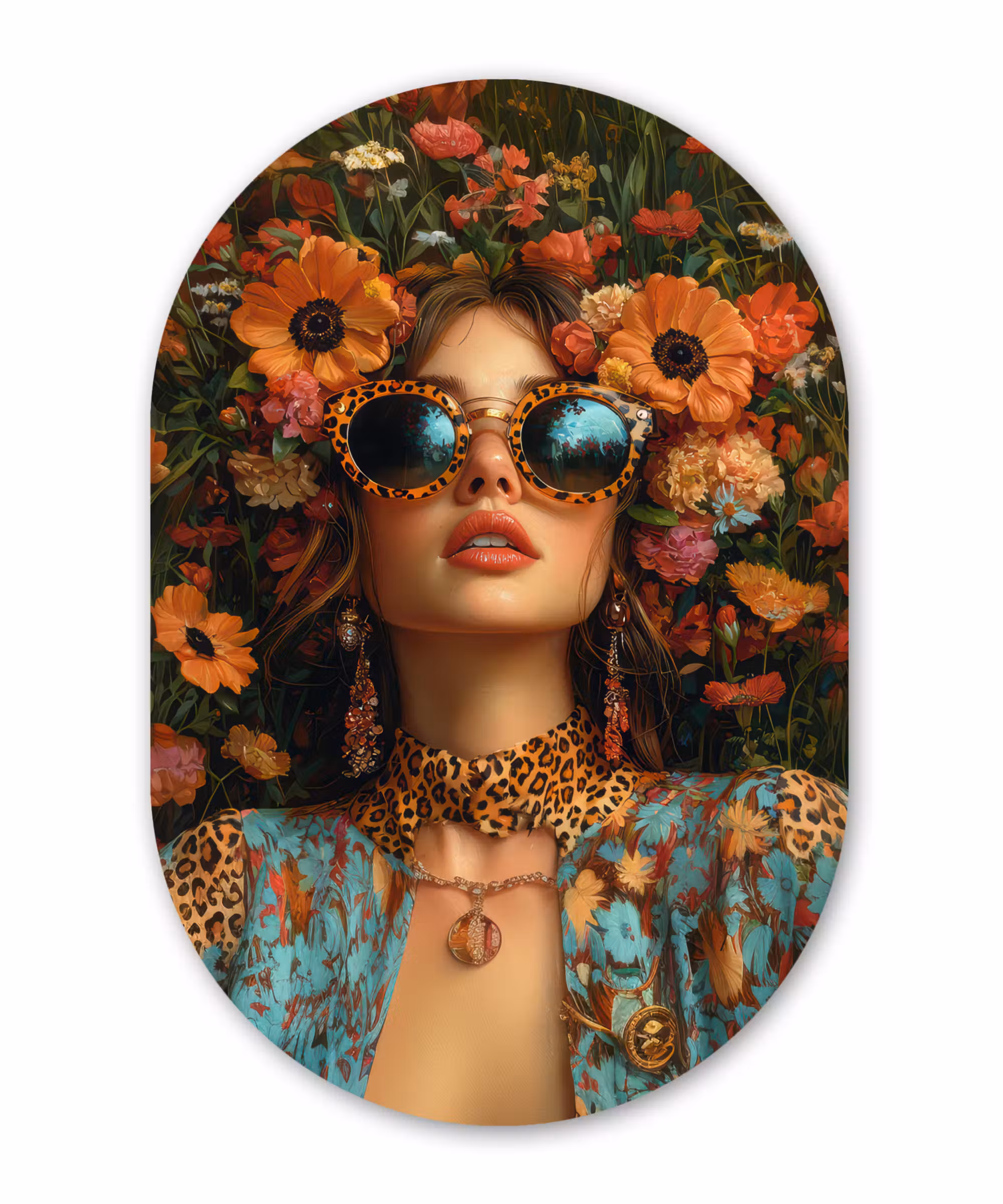 Alu-Dibond-Bild Oval - Frauen - Blumen - Modern - Brille - Abstrakt