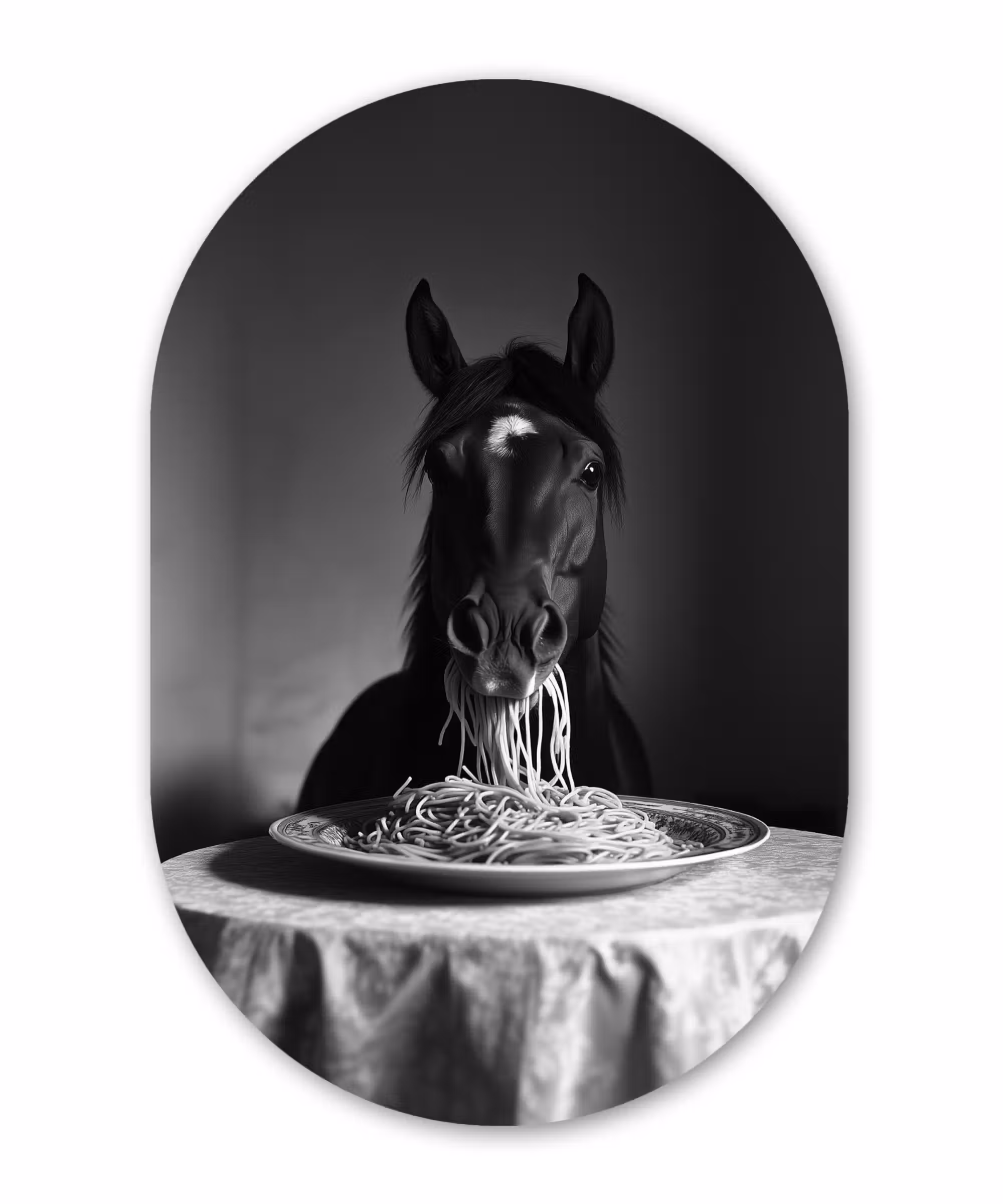 Alu-Dibond-Bild Oval - Pferd - Teller - Pasta - Tischtuch - Schwarz und weiß - Tiere