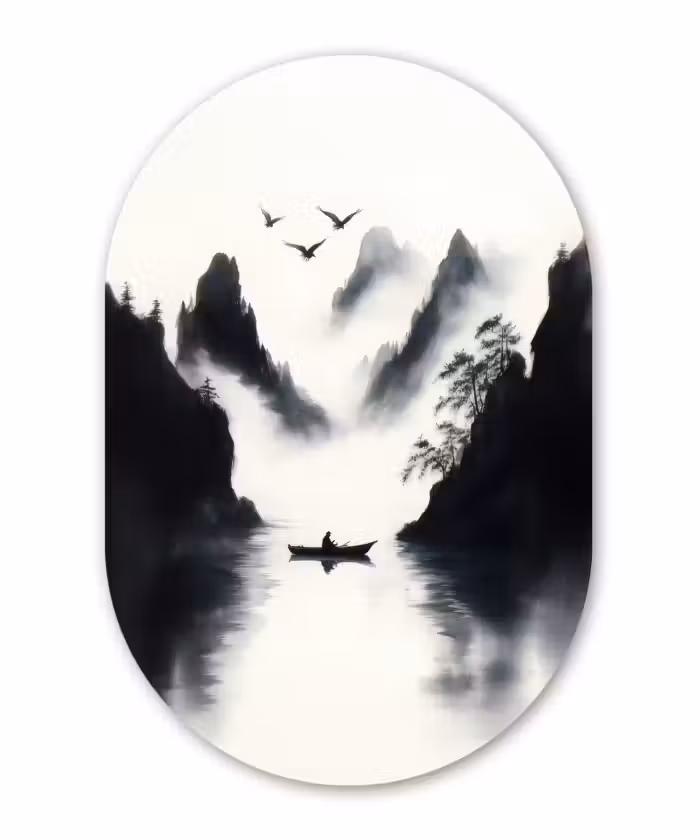 Alu-Dibond-Bild Oval - Ruderboot - Neblig - Berge - Vögel