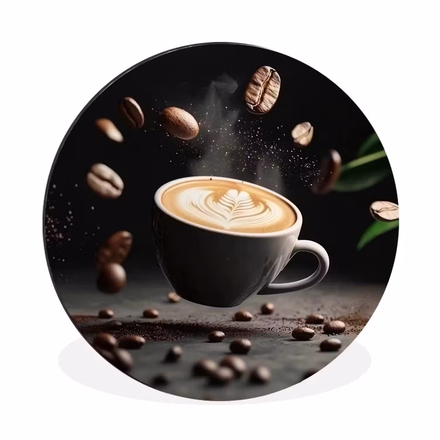 Alu-Dibond-Bild Rund - Cappuccino - Tasse - Bohnen - Braun