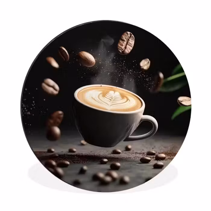 Alu-Dibond-Bild Rund - Cappuccino - Tasse - Bohnen - Braun