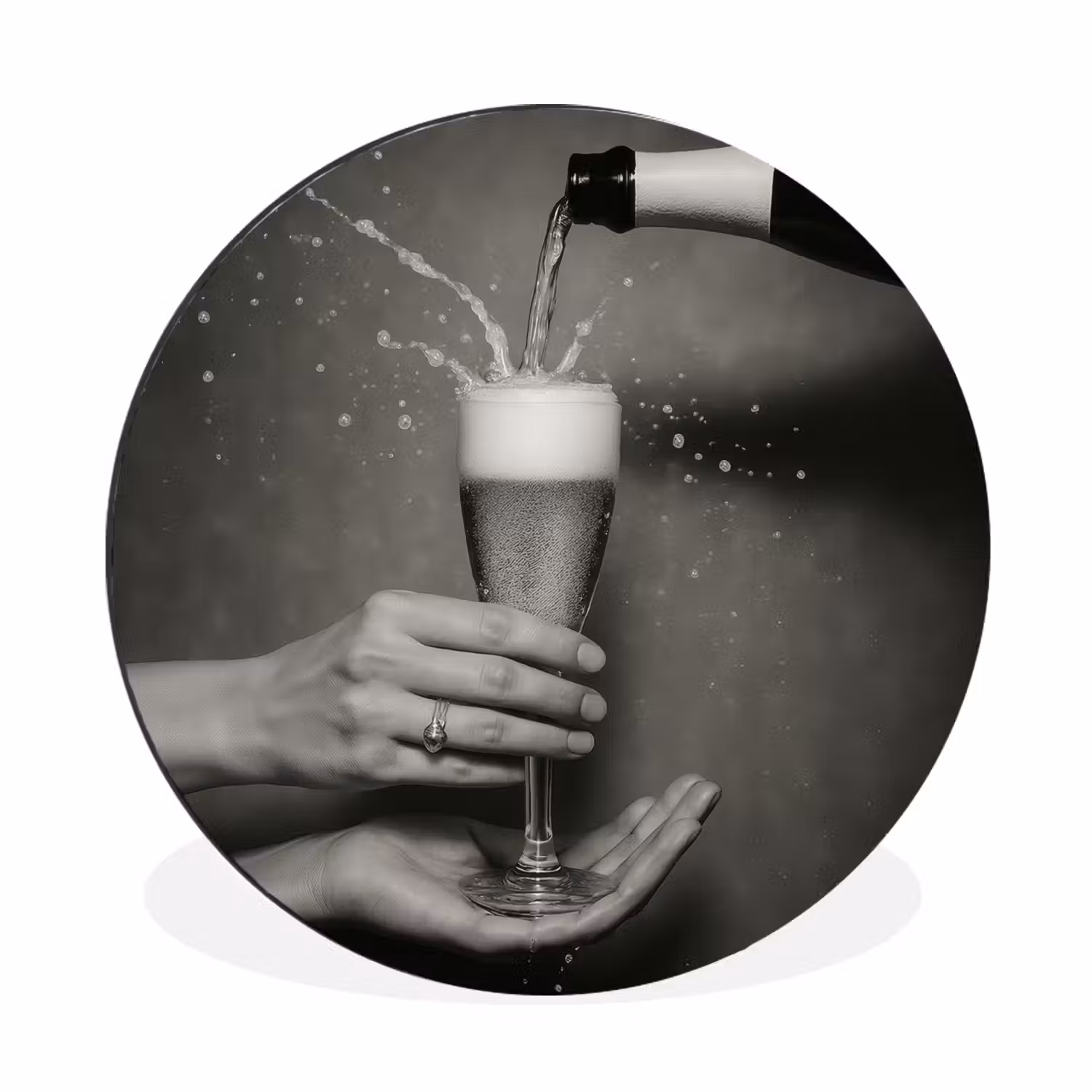 Alu-Dibond-Bild Rund - Champagnerflasche - Glas - Minimalistisch - Spritzer
